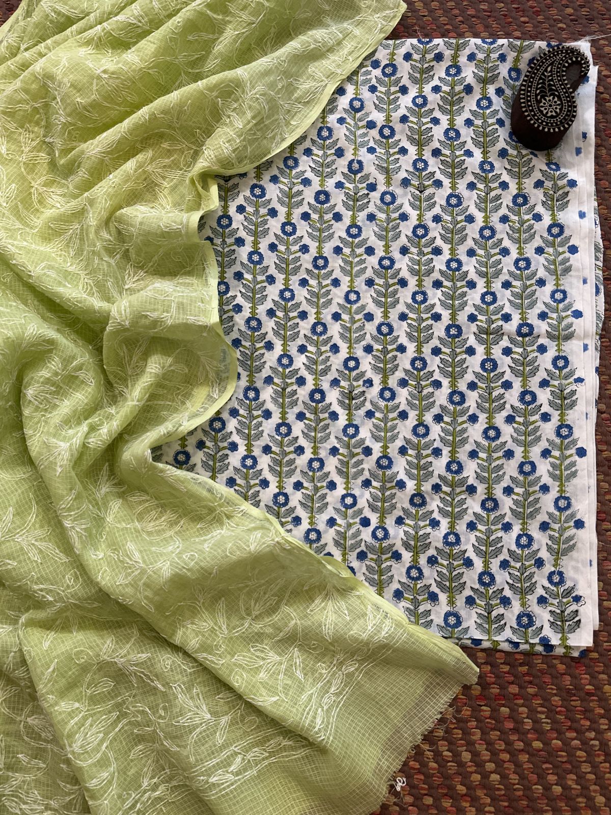 Pure Cotton Hand Blocked Fabric with Chikankari Dupatta