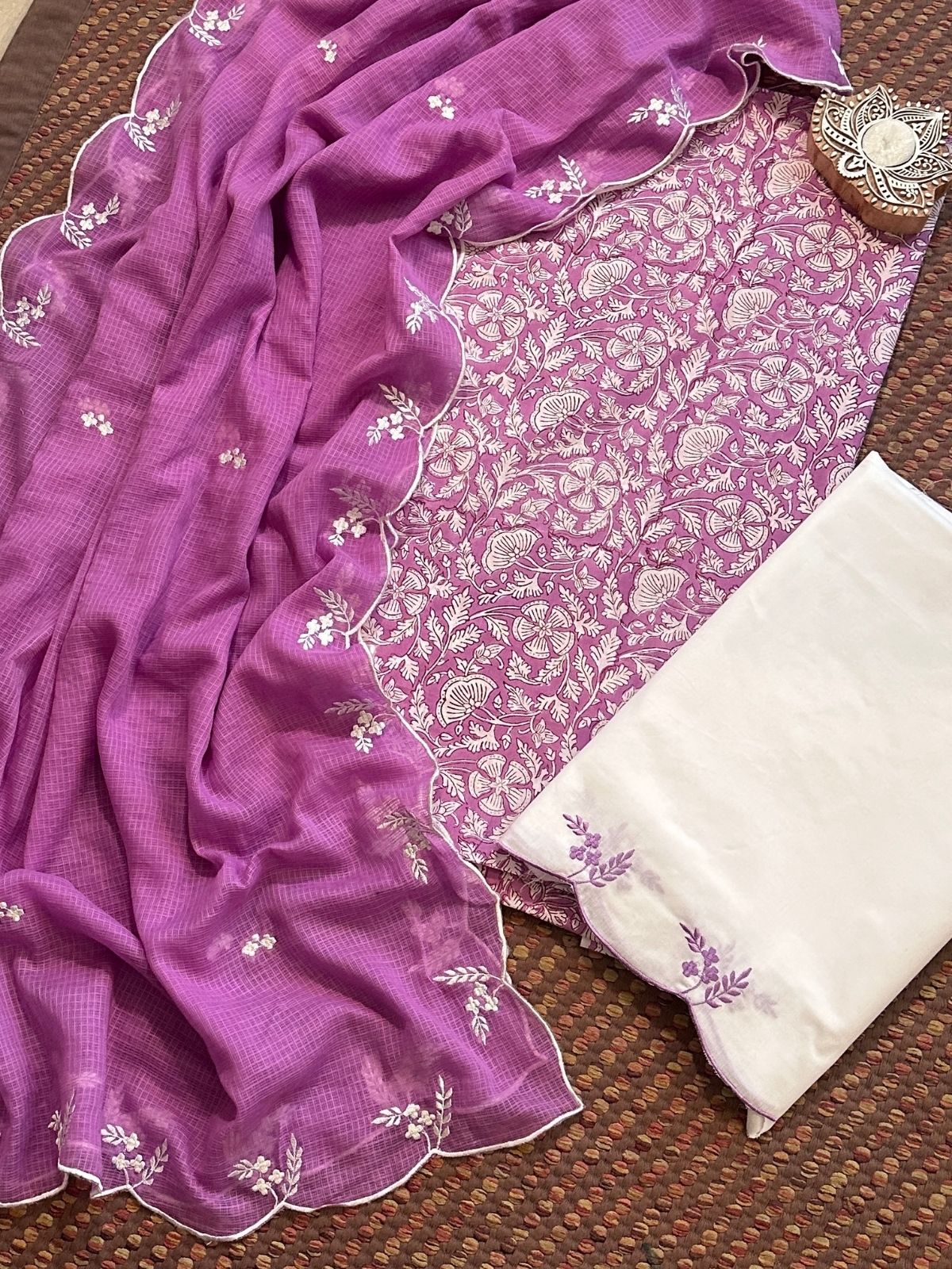 Pure Cotton Hand-block Fabric with Embroidered Bottom & Kota Doria Dupatta