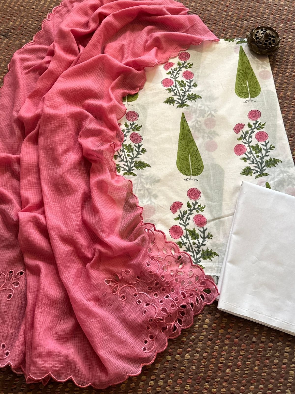 Pure Cotton Hand-blocked Fabric Set with Cutwork Kota Doria Dupatta