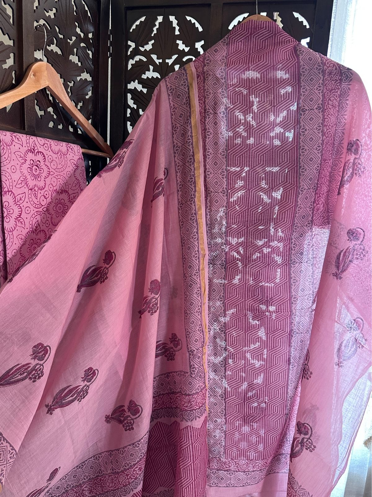 Premium Hand-blocked Malmal Maheswari Unstitched Set