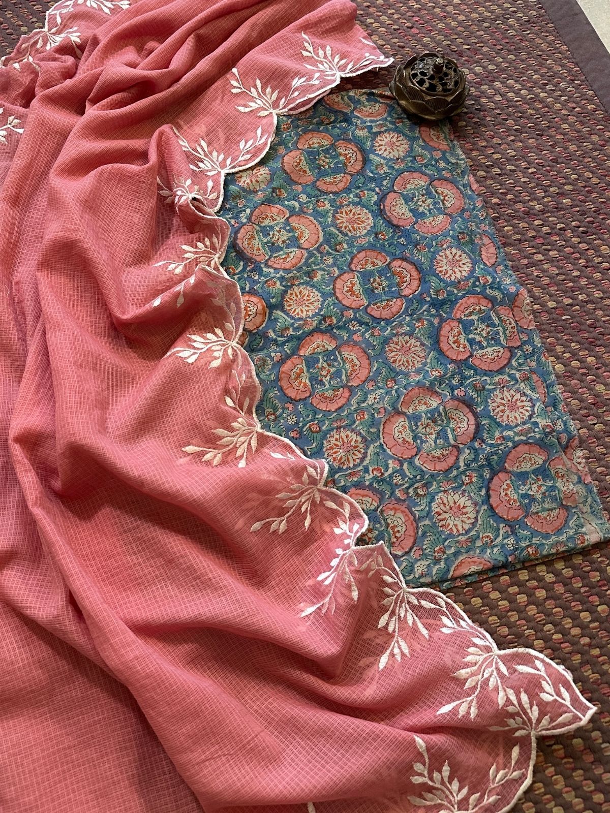 Pure Cotton Mul Hand-Block Fabric with Embroidered Dupatta