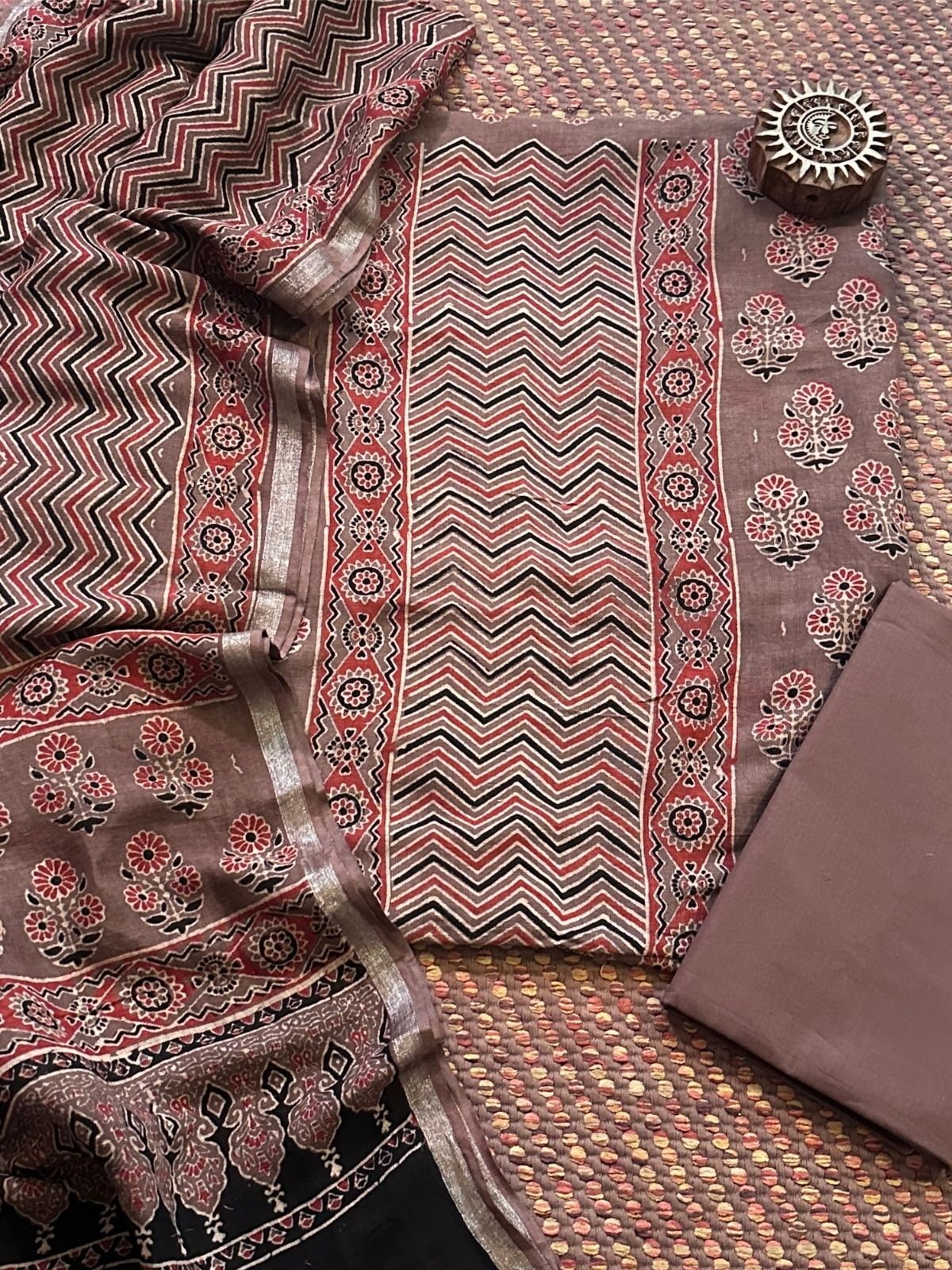 Linen Ajrakh Hand- Block Unstitched Set