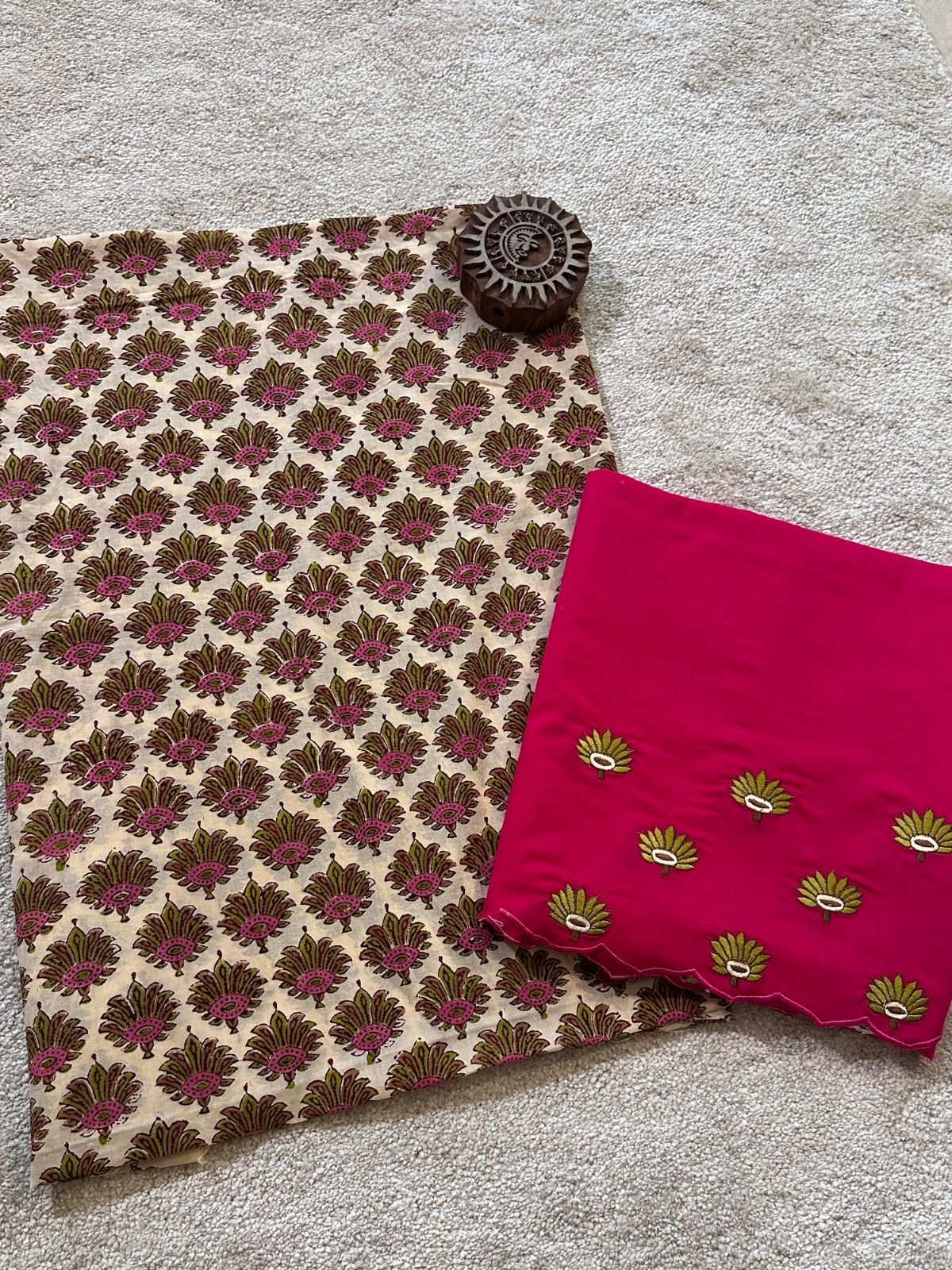 Pure Cotton Hand-blocked Fabric with Embroidered Bottom