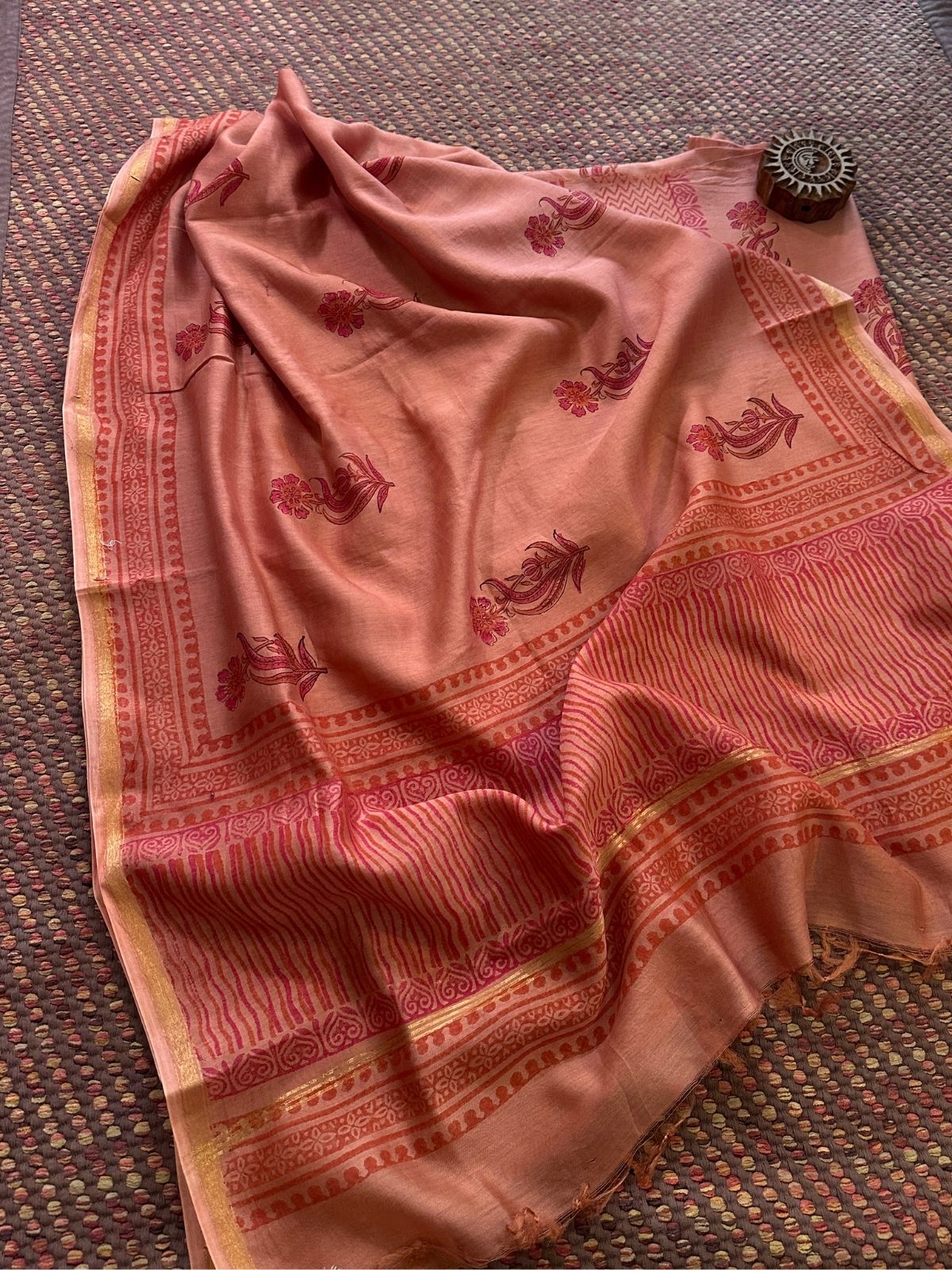 Hand-blocked Maheswari Unstitched Set