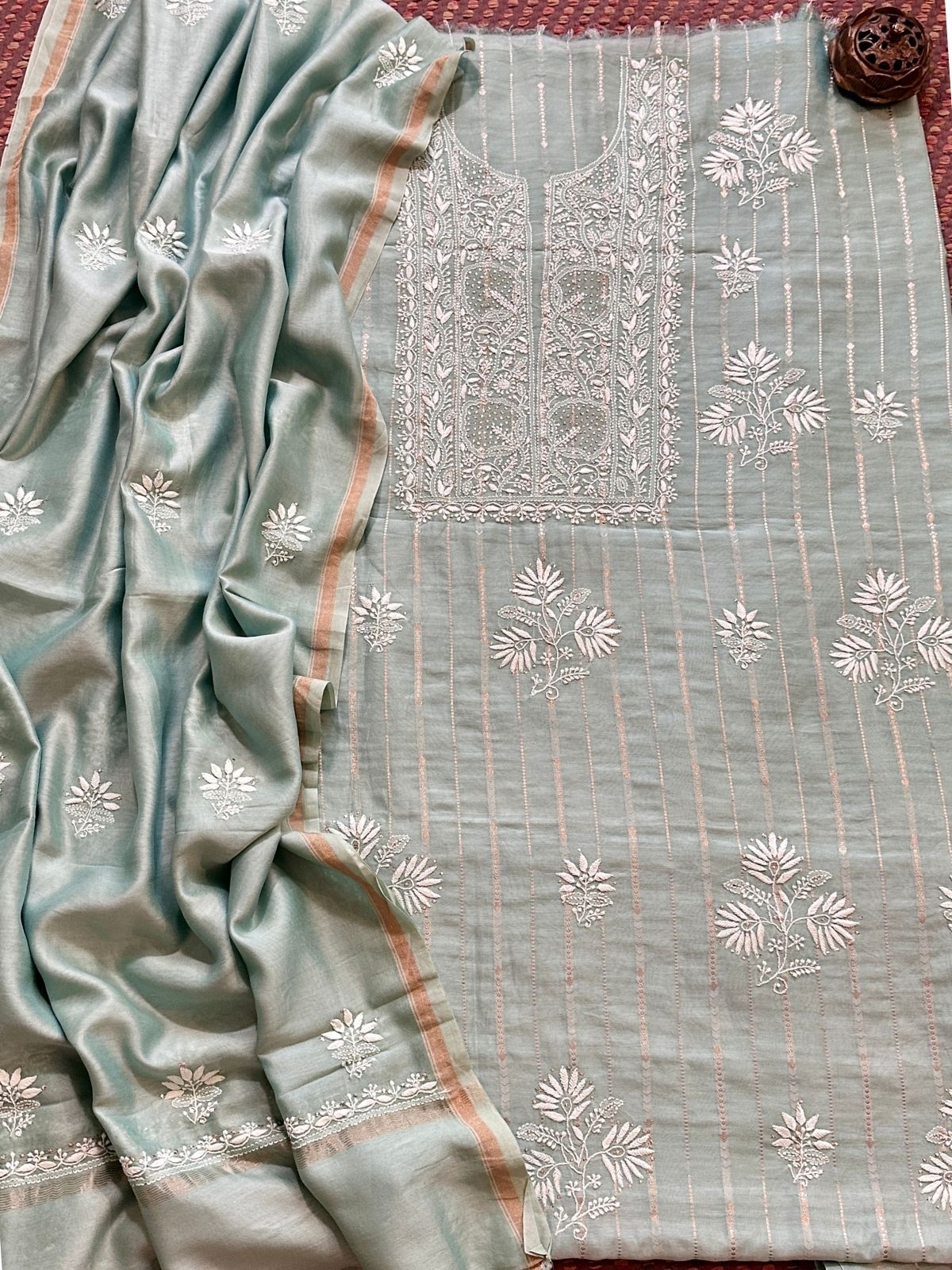 Premium Malmal Maheswari Chikankari Set