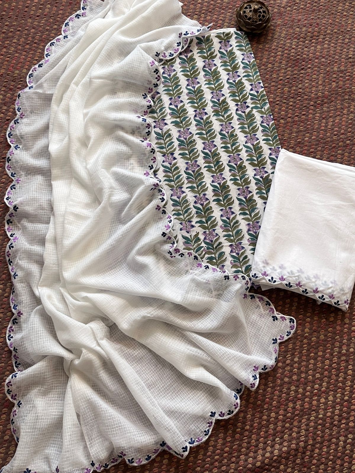 Pure Cotton Hand blocked Set with Embroidered Dupatta