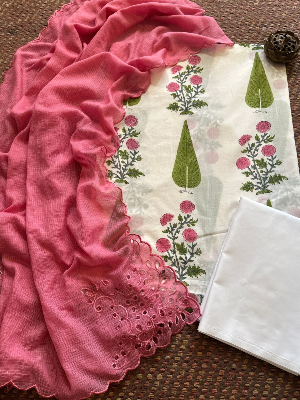 Pure Cotton Hand-blocked Fabric Set with Cutwork Kota Doria Dupatta