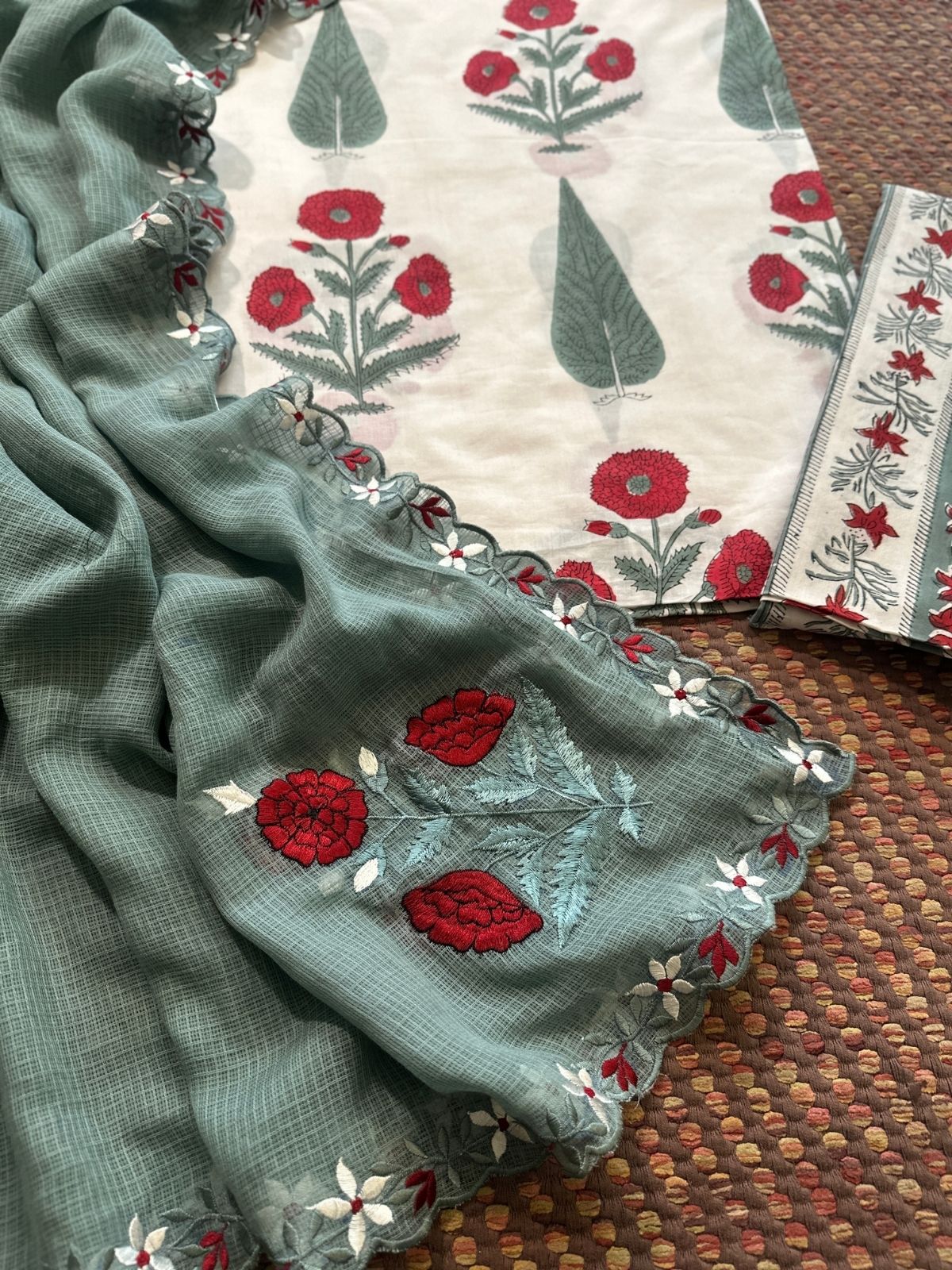 Pure Cotton  Hand blocked Set with Embroidered Dupatta