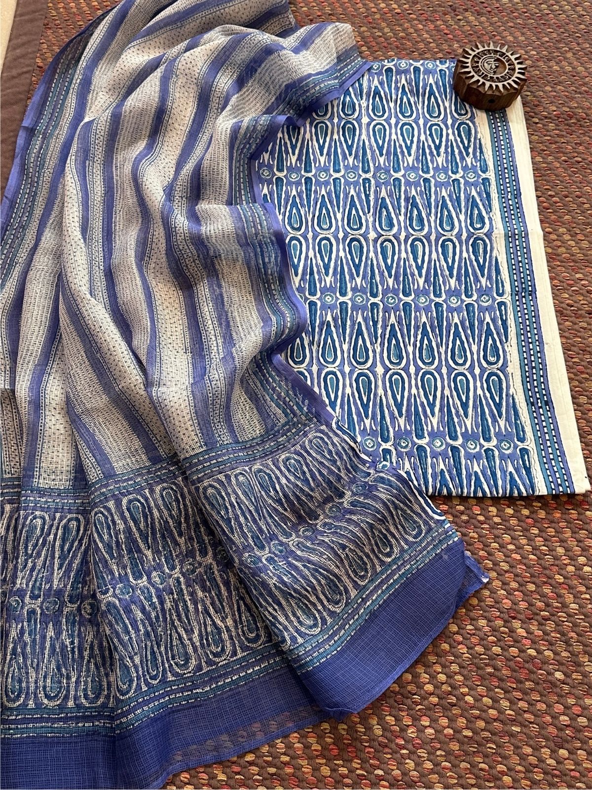 Pure Handblcoked Cotton Unstitched Set with Handblocked Kota Dupatta