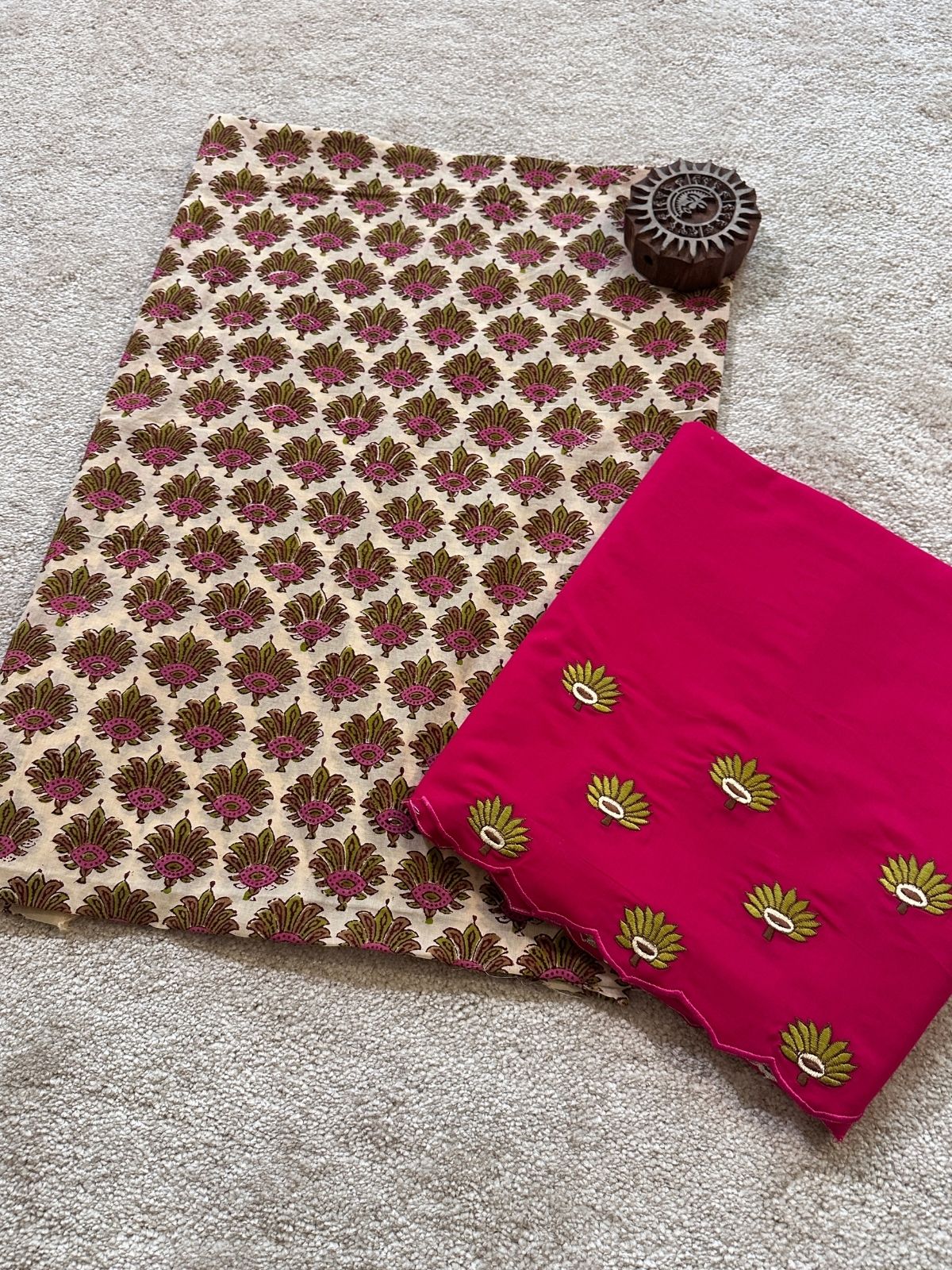 Pure Cotton Hand-blocked Fabric with Embroidered Bottom
