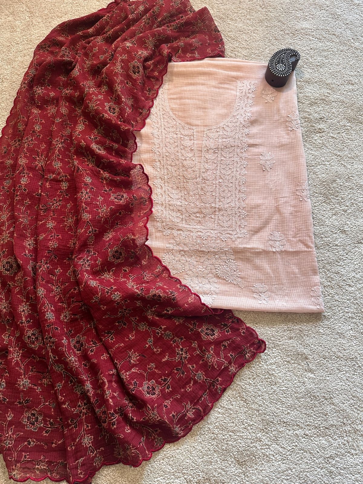 Chikankari Hand Embroidered Fabric with Ajrak Hadblocked Kota Dupatta
