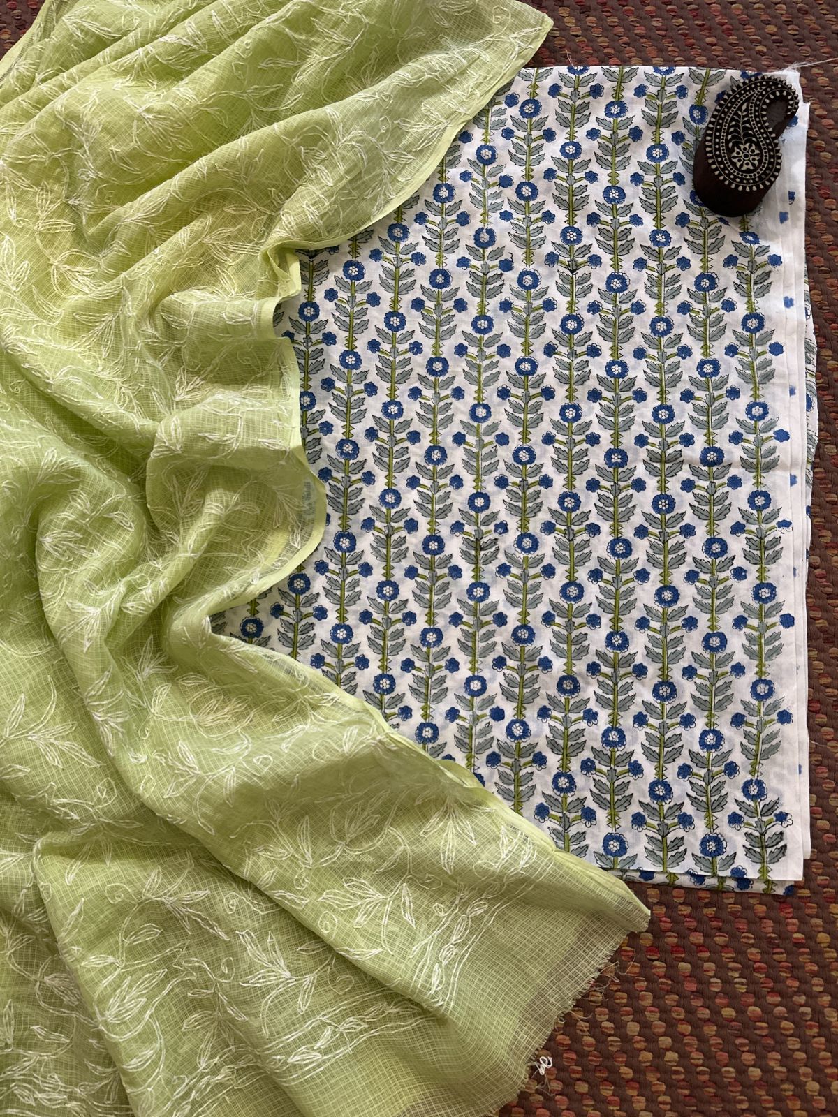 Pure Cotton Hand Blocked Fabric with Chikankari Dupatta