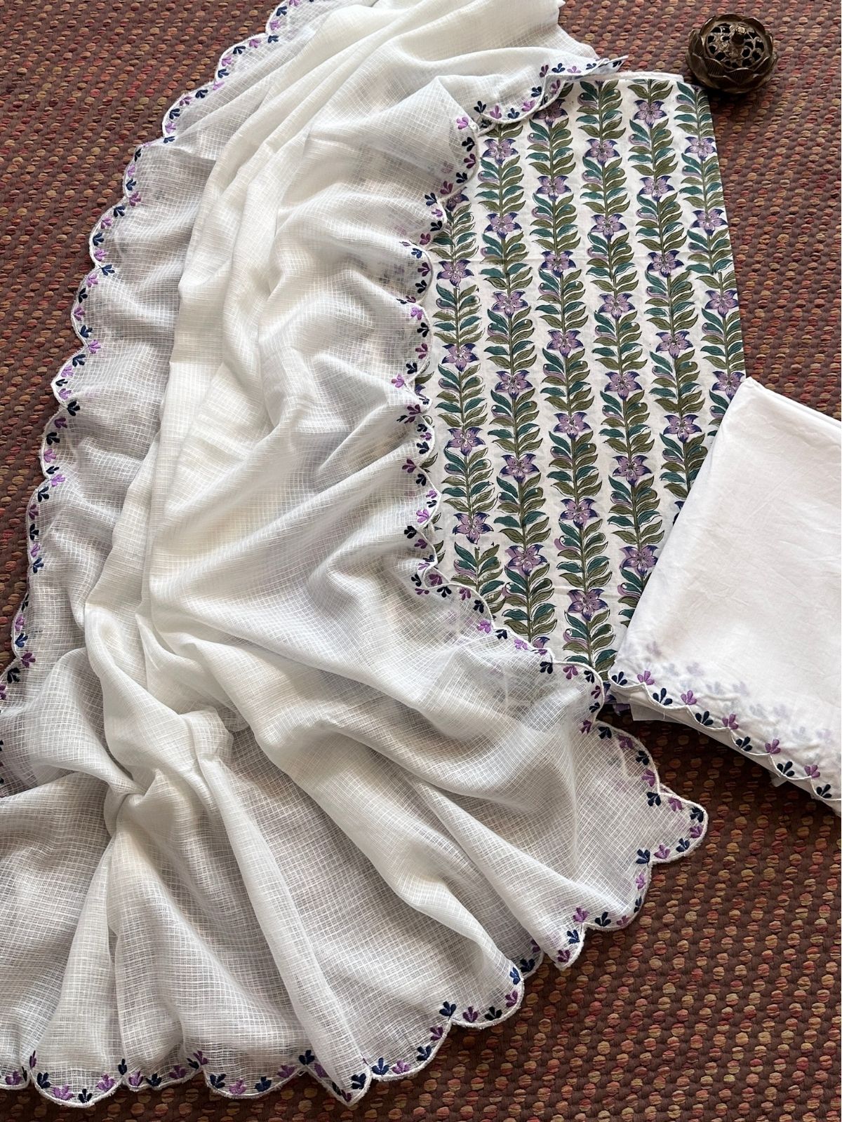 Pure Cotton Hand blocked Set with Embroidered Dupatta