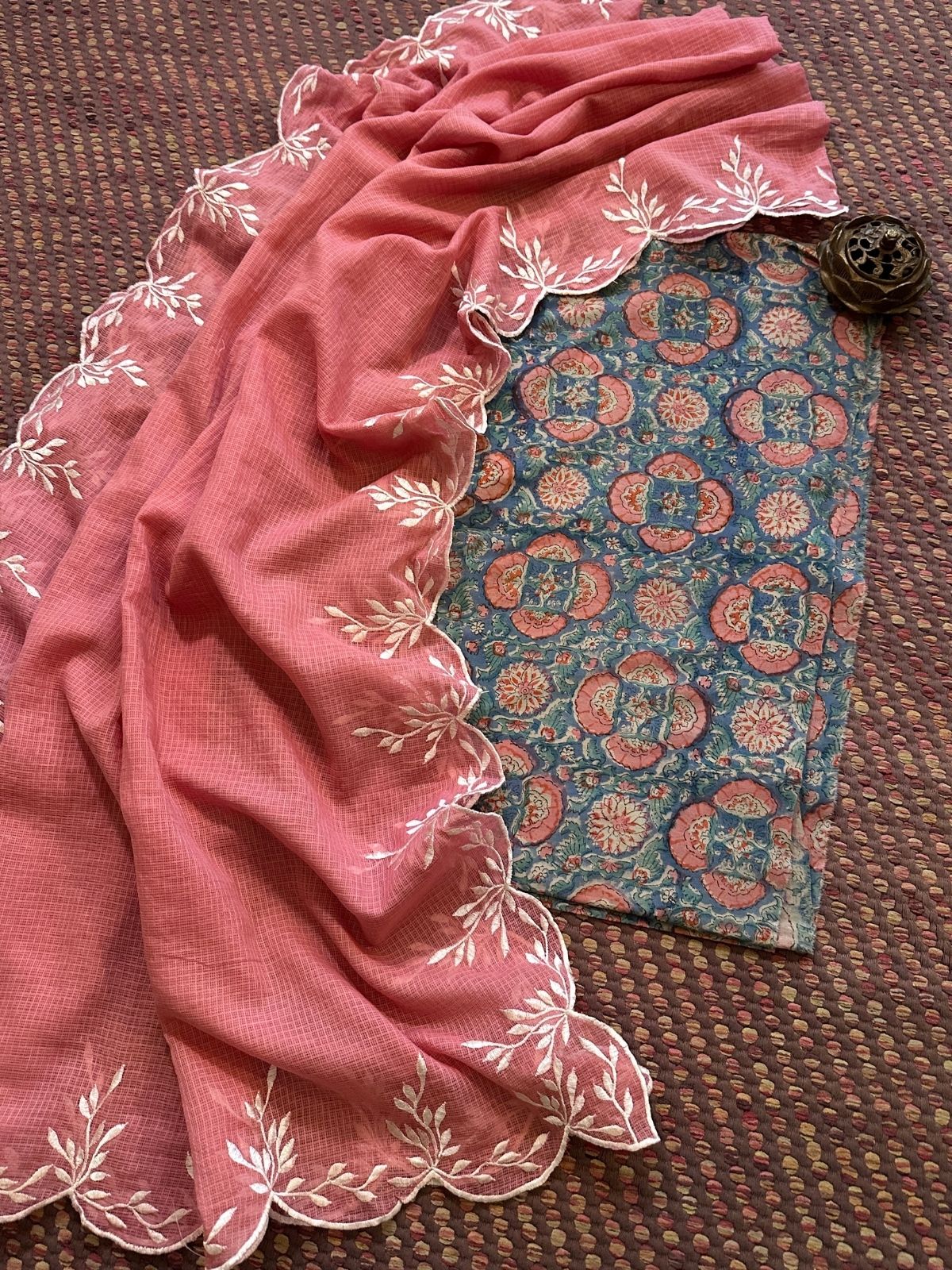 Pure Cotton Mul Hand-Block Fabric with Embroidered Dupatta