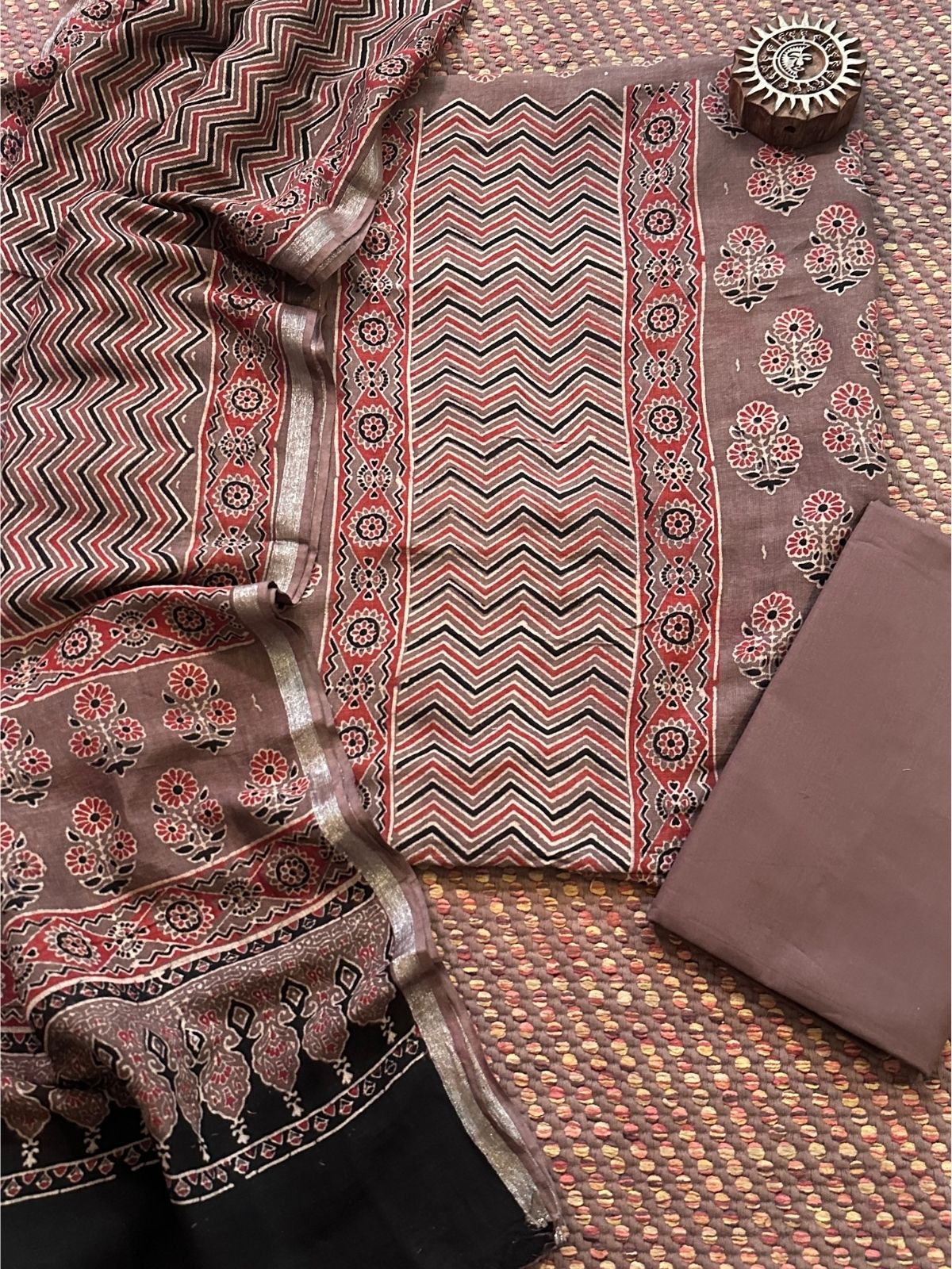 Linen Ajrakh Hand- Block Unstitched Set