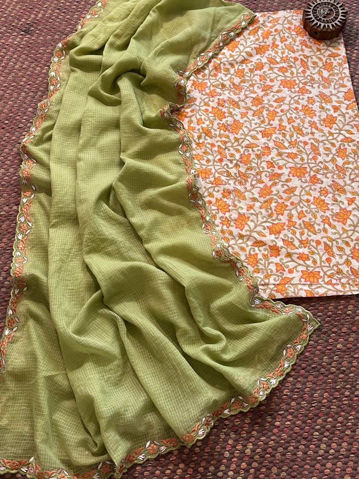 Pure Cotton Hand-blocked Fabric with Exclusive Embroidered Dupatta