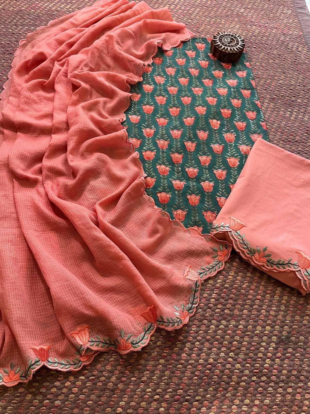 Pure Cotton Hand-block Fabric with Embroidered Bottom & Kota Doria Dupatta