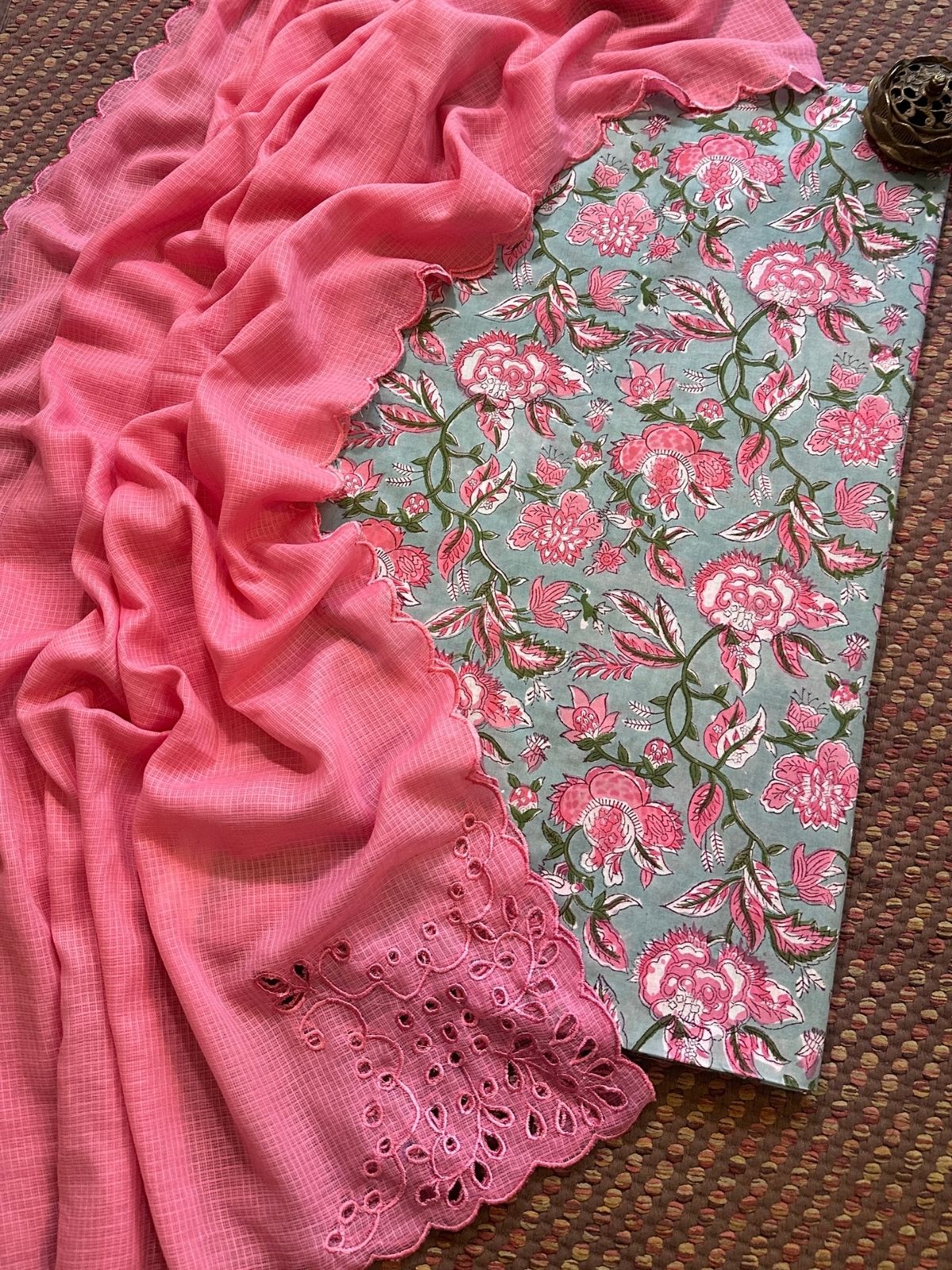 Pure Cotton Hand-blocked Fabric Set with Cutwork Kota Doria Dupatta