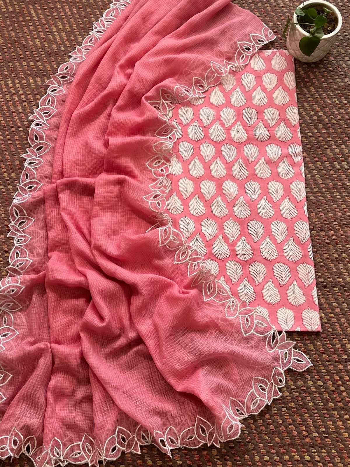 Pure Cotton Handblock Fabric with Cutwork Embroidered Dupatta