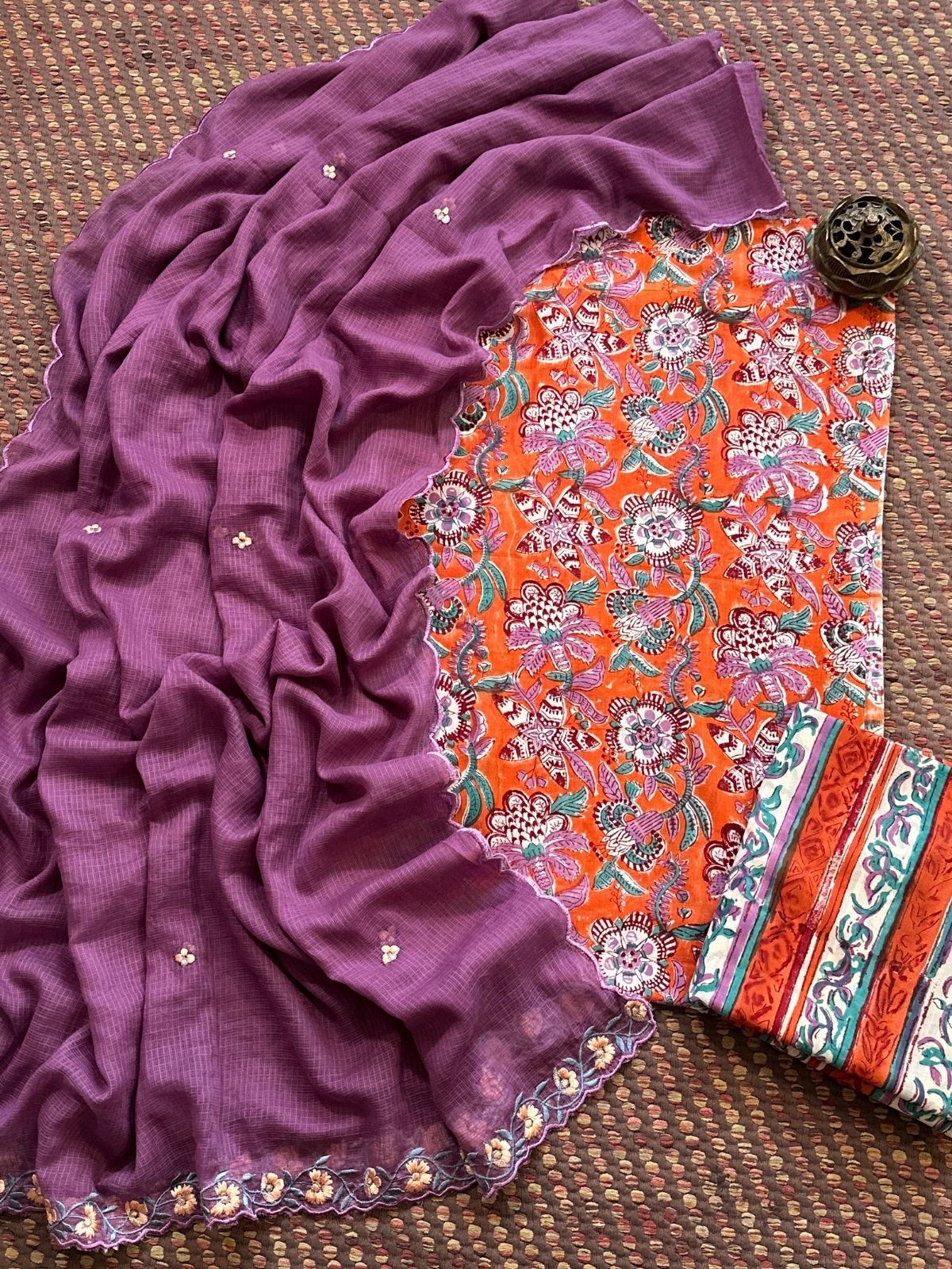 Pure Cotton Mul Hand-blocked Set with Embroidered Dupatta