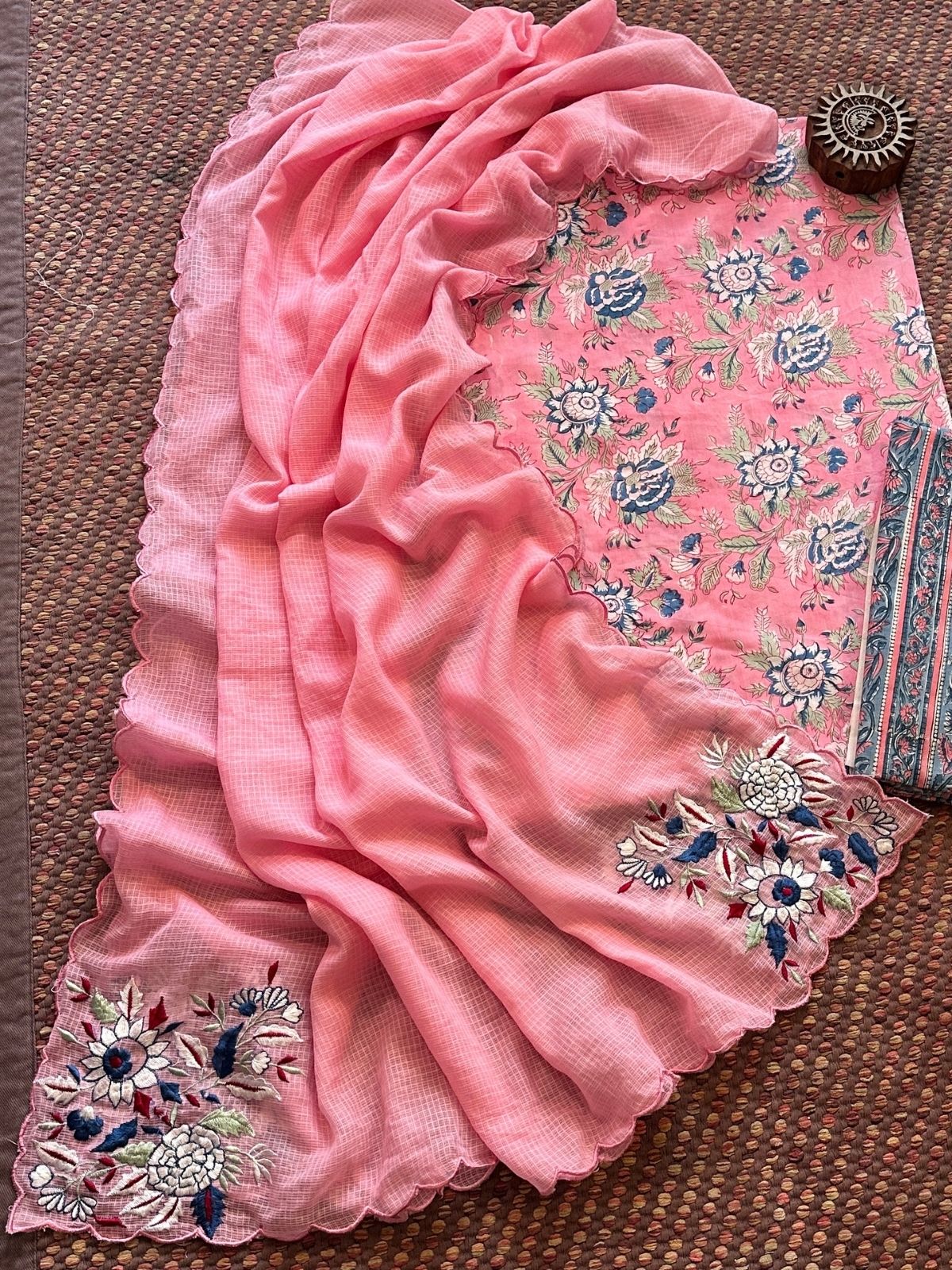Pure Cotton Handblock Fabric with Embroidered Dupatta