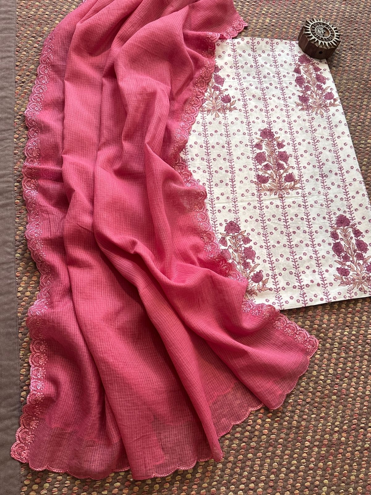 Pure Cotton  Handblock Fabric with Embroidered Kota Dupatta