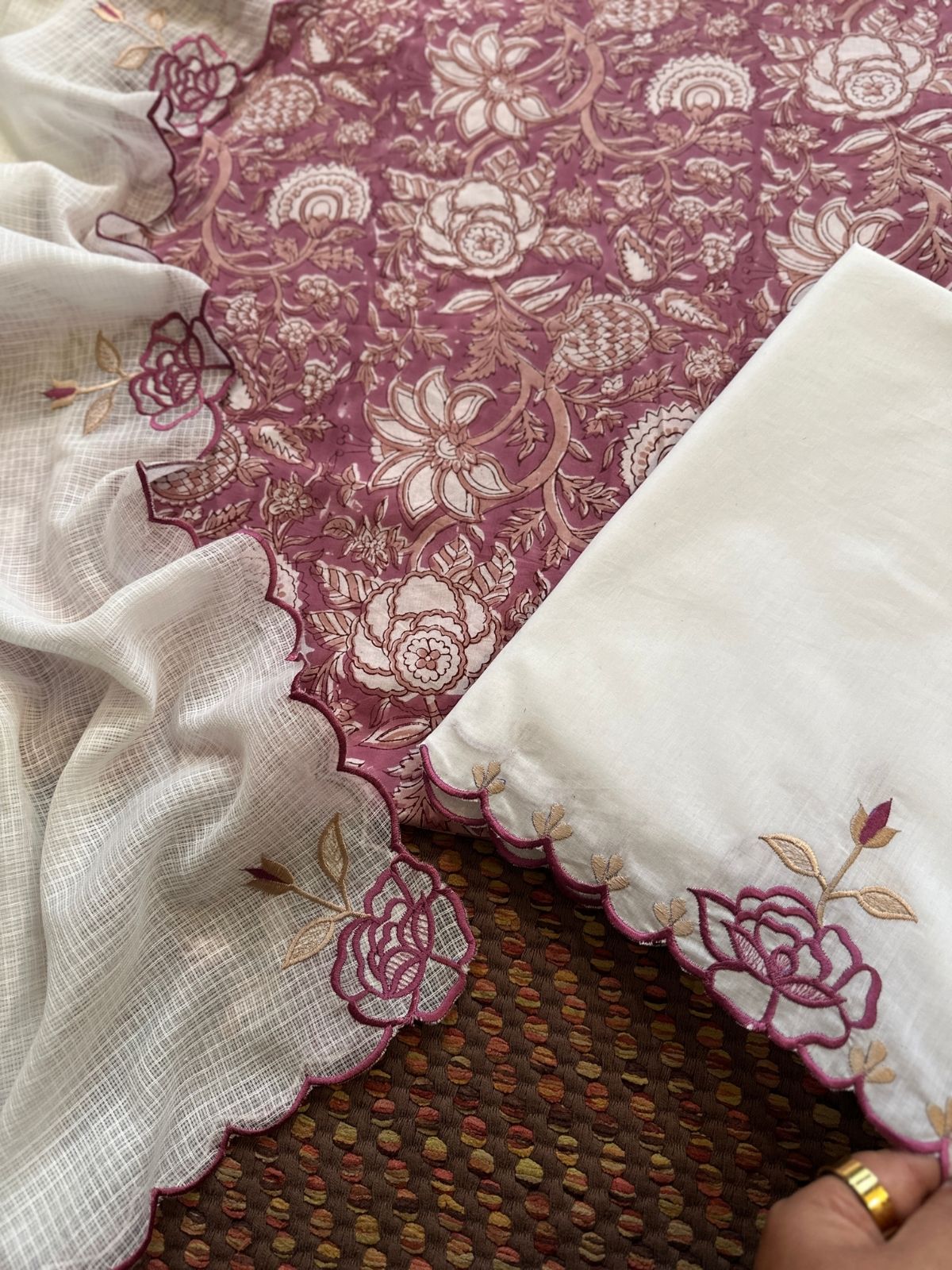 Pure Cotton Hand-block Fabric with Embroidered Bottom & Kota Doria Dupatta