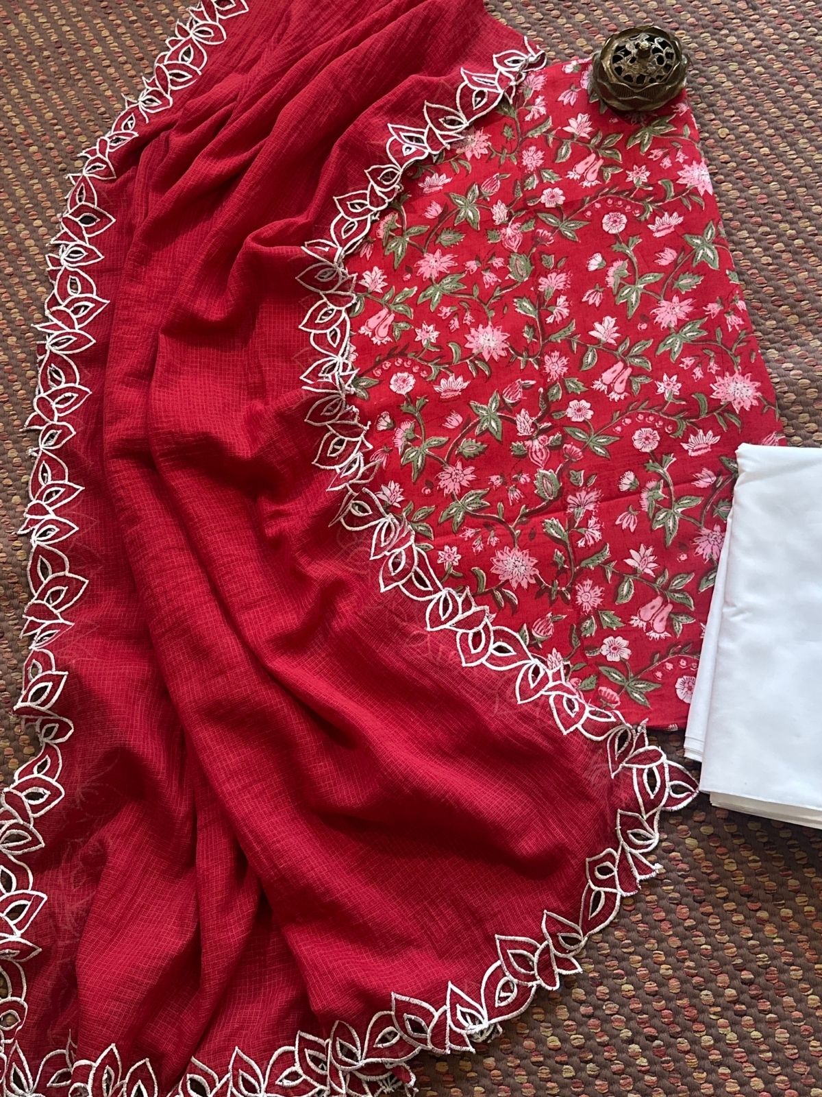 Pure Cotton Handblock Fabric  Set with Cutwork Embroidered Dupatta