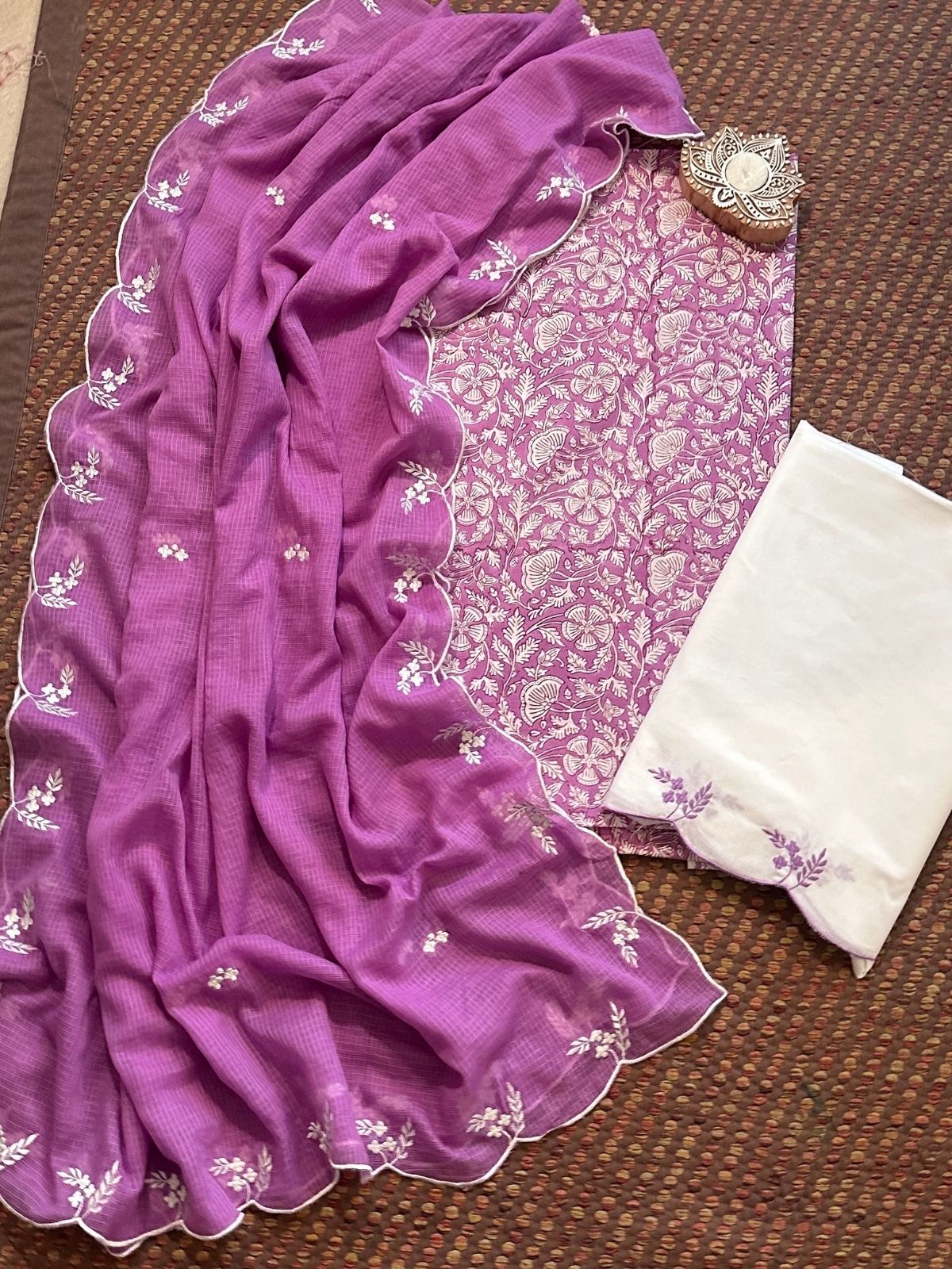 Pure Cotton Hand-block Fabric with Embroidered Bottom & Kota Doria Dupatta