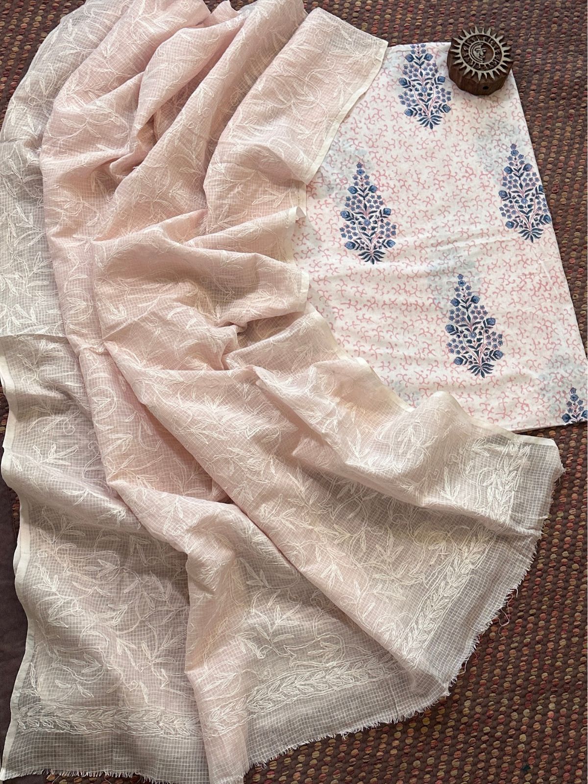 Pure Cotton Hand Blocked Fabric with Chikankari Dupatta