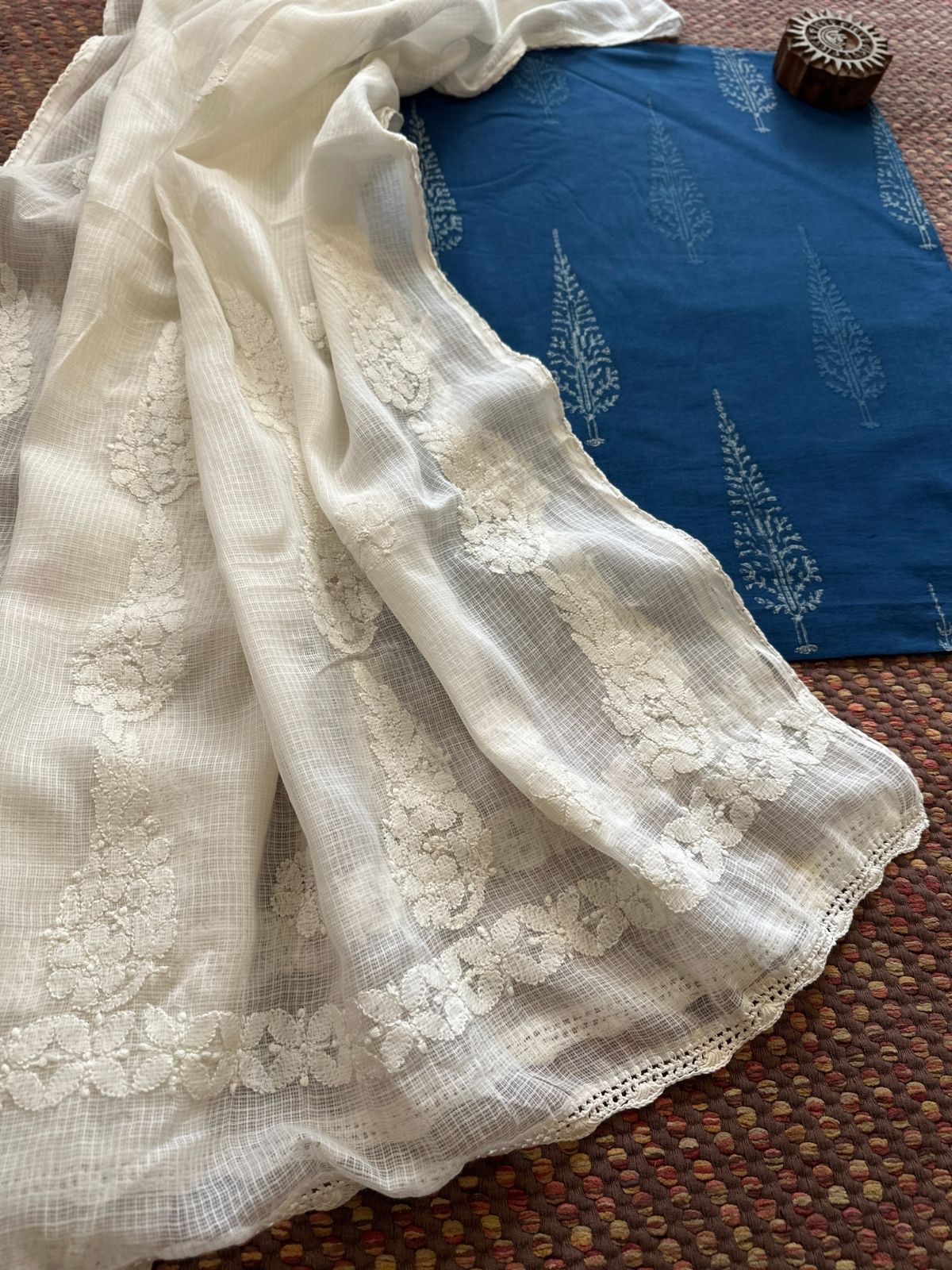 Pure Cotton Indigo fabric with Chikankari Dupatta