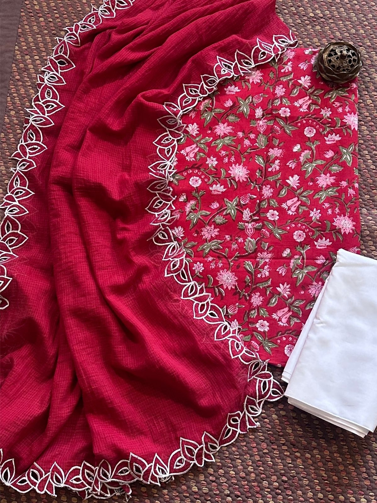 Pure Cotton Handblock Fabric  Set with Cutwork Embroidered Dupatta