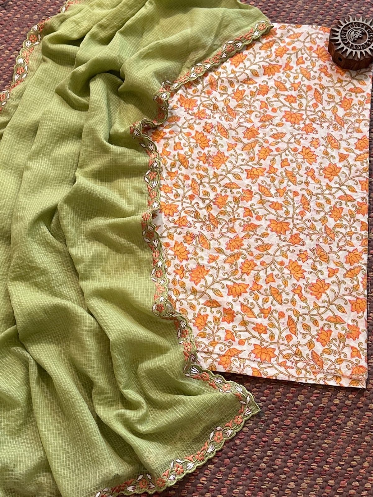Pure Cotton Hand-blocked Fabric with Exclusive Embroidered Dupatta