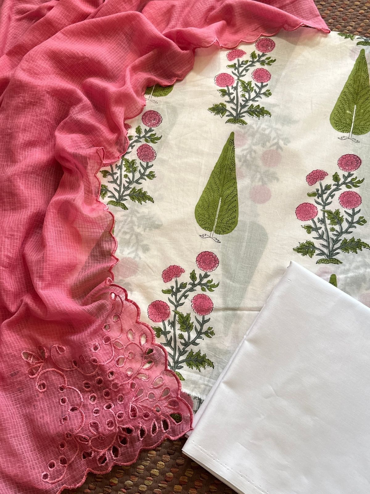 Pure Cotton Hand-blocked Fabric Set with Cutwork Kota Doria Dupatta