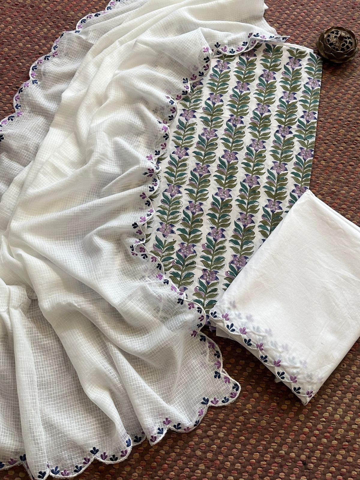 Pure Cotton Hand blocked Set with Embroidered Dupatta