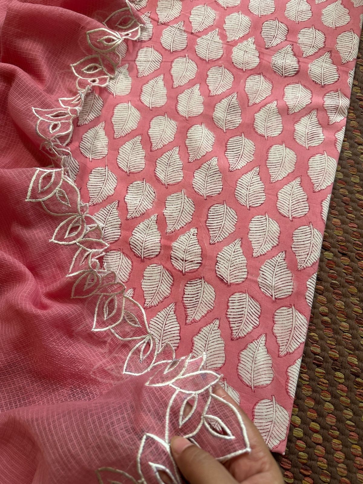 Pure Cotton Handblock Fabric with Cutwork Embroidered Dupatta