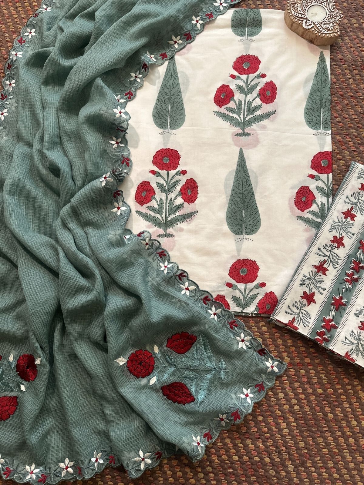 Pure Cotton  Hand blocked Set with Embroidered Dupatta