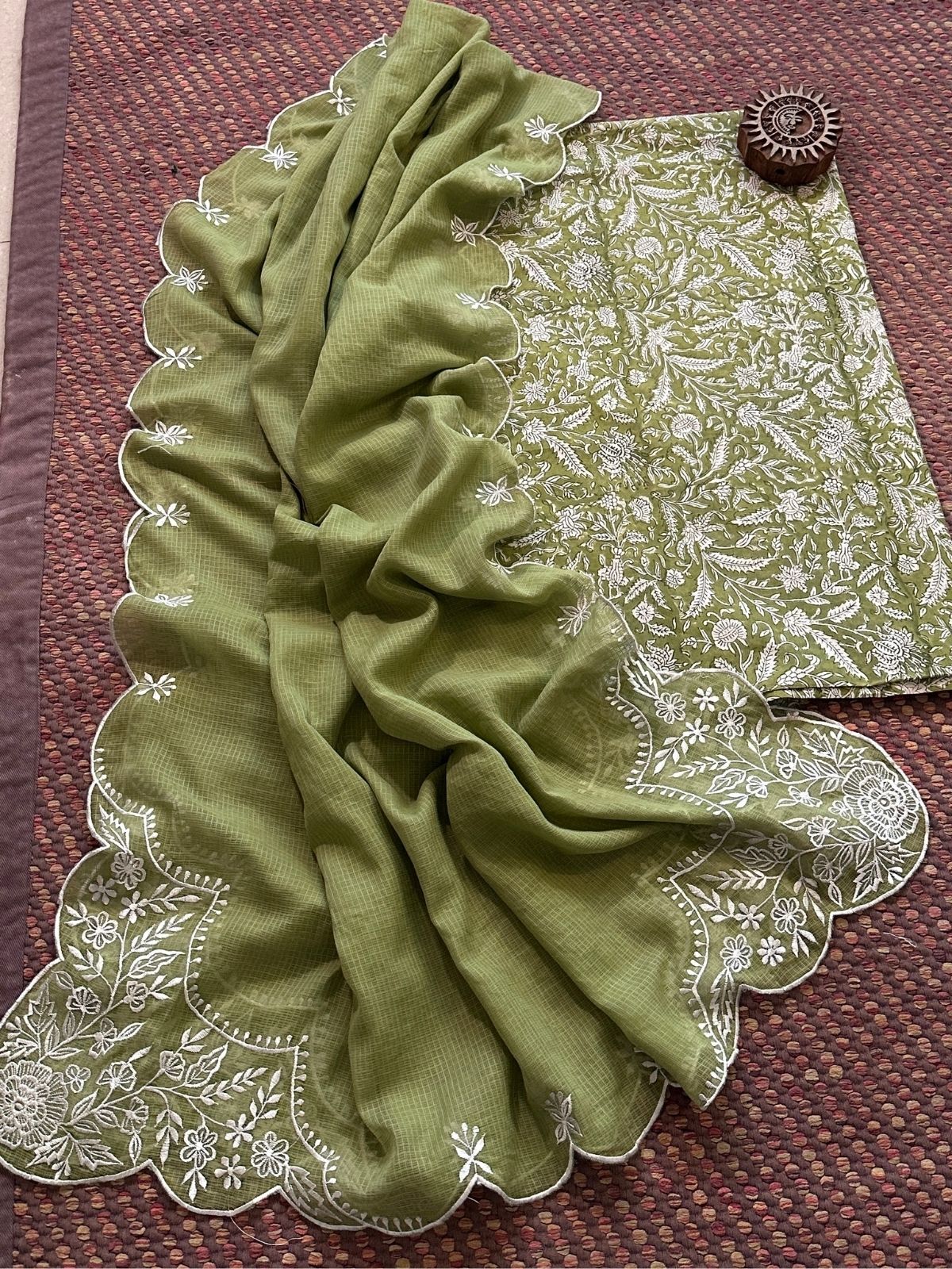 Pure Cotton Hand-blocked fabric set with Embroidered Dupatta