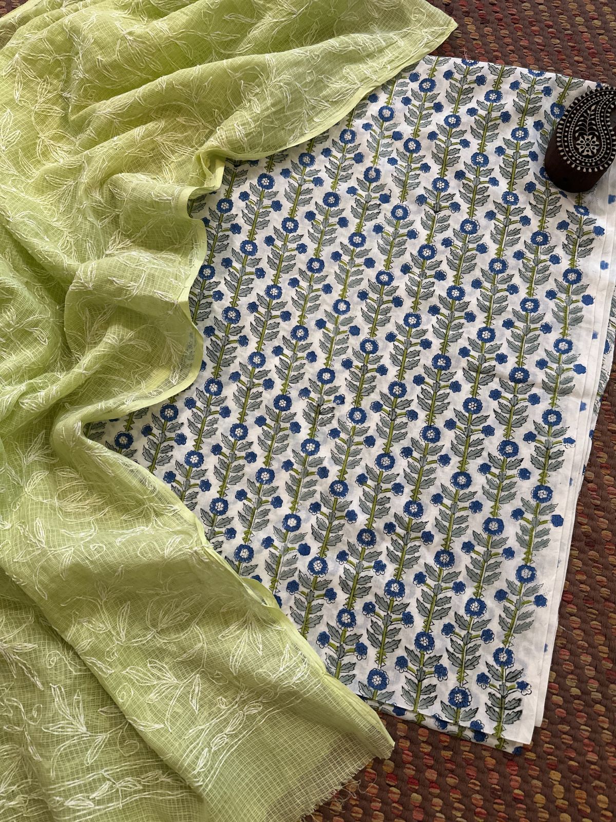 Pure Cotton Hand Blocked Fabric with Chikankari Dupatta