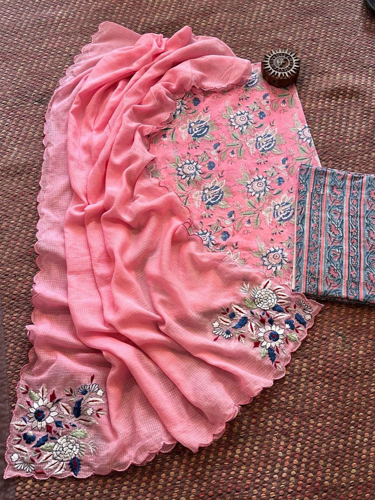 Pure Cotton Handblock Fabric with Embroidered Dupatta