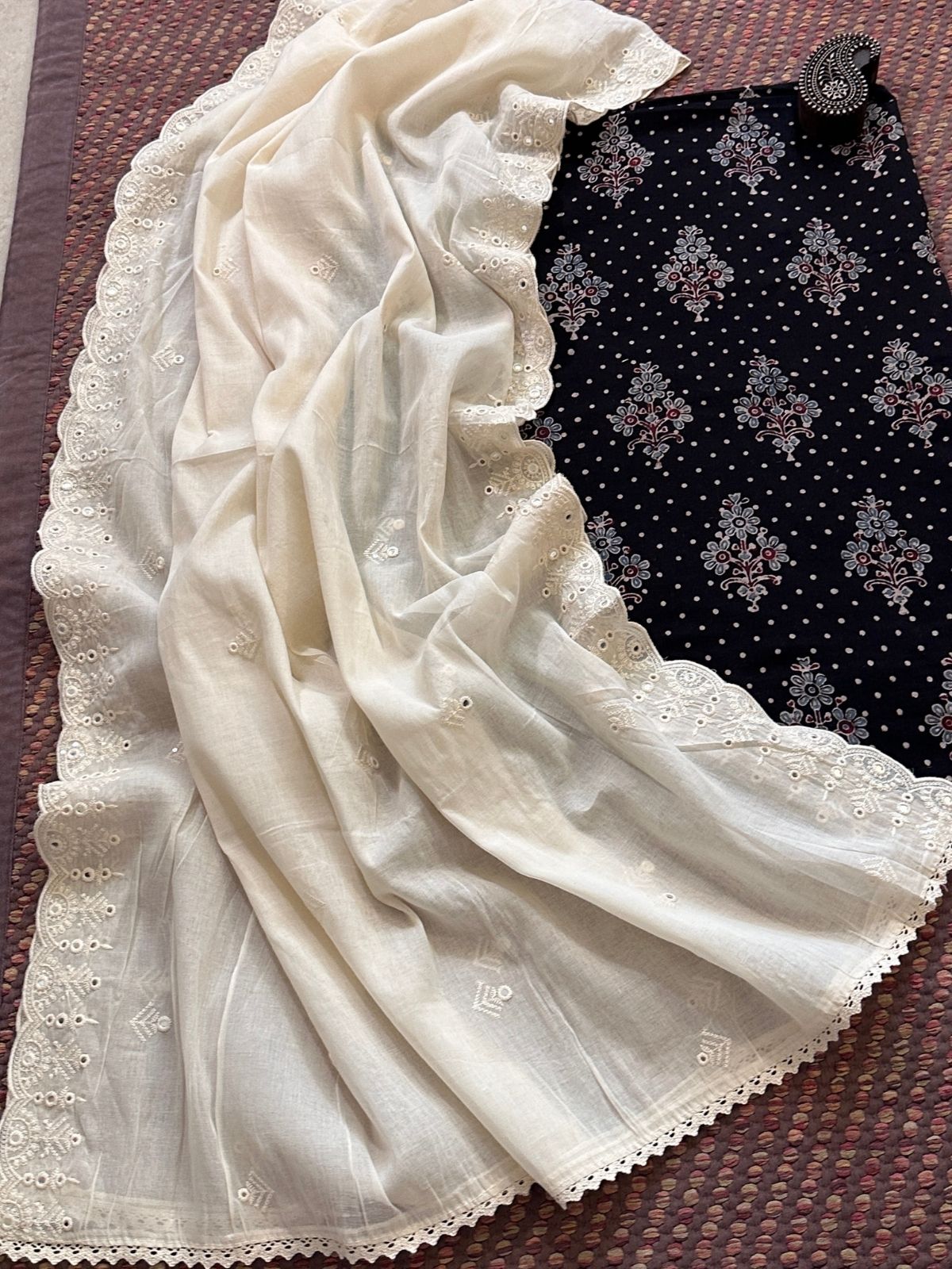 Ajrakh handblocked pure cotton mamal fabric with soft cotton Dupatta