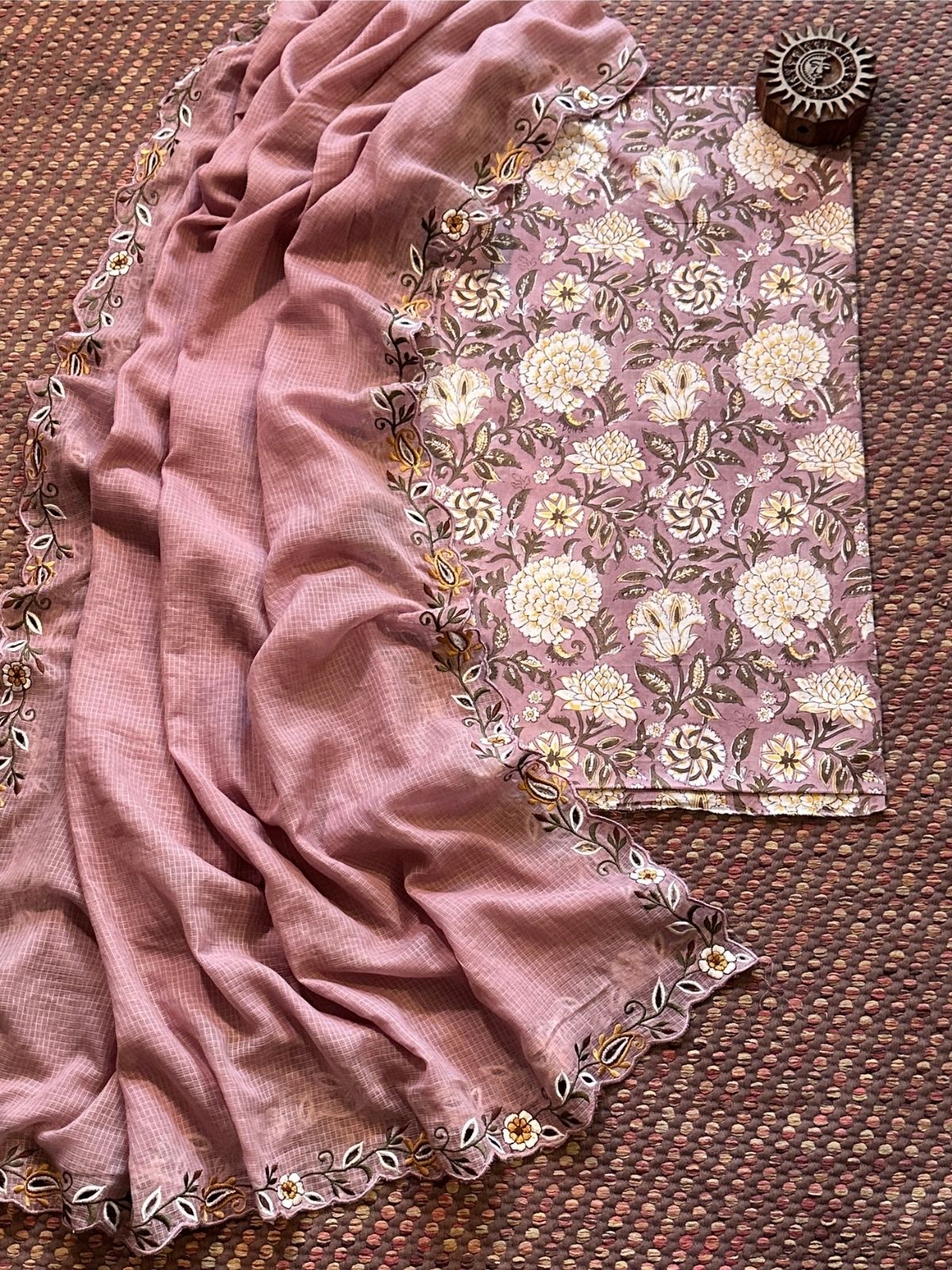 Pure Cotton Handblock Fabric with Cutwork Embroidered Dupatta