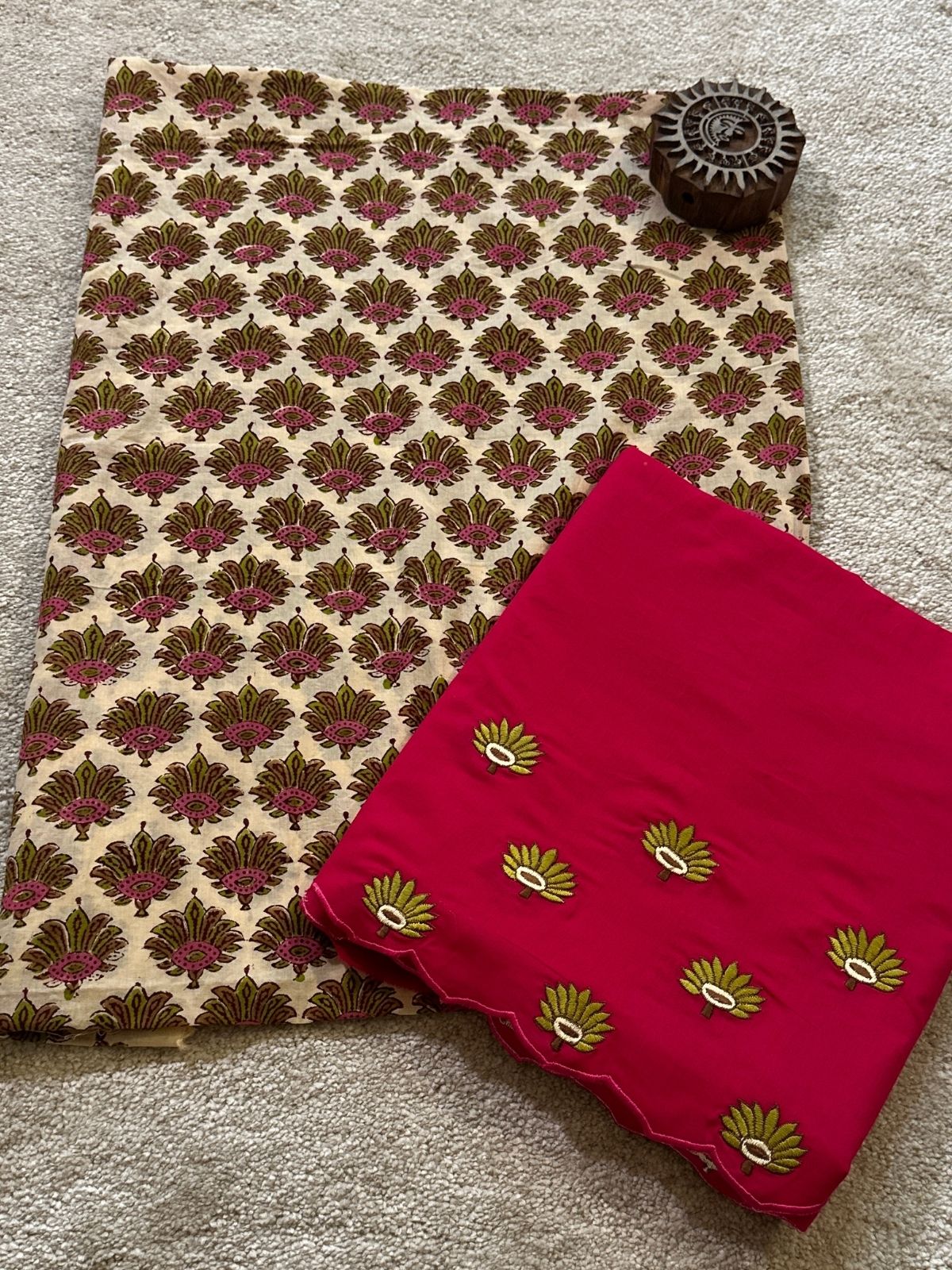 Pure Cotton Hand-blocked Fabric with Embroidered Bottom