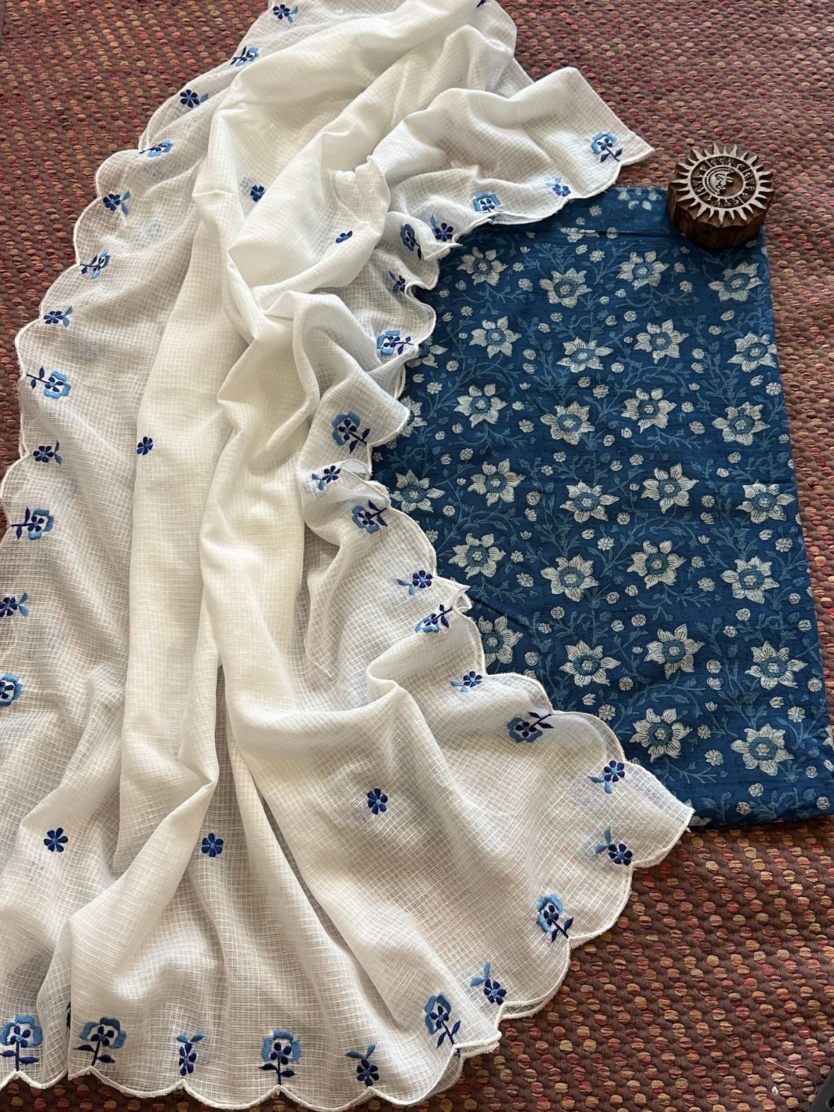 Pure Cotton Indigo Hand-block Fabric with Exclusive Embroidered Kota Doria Dupatta