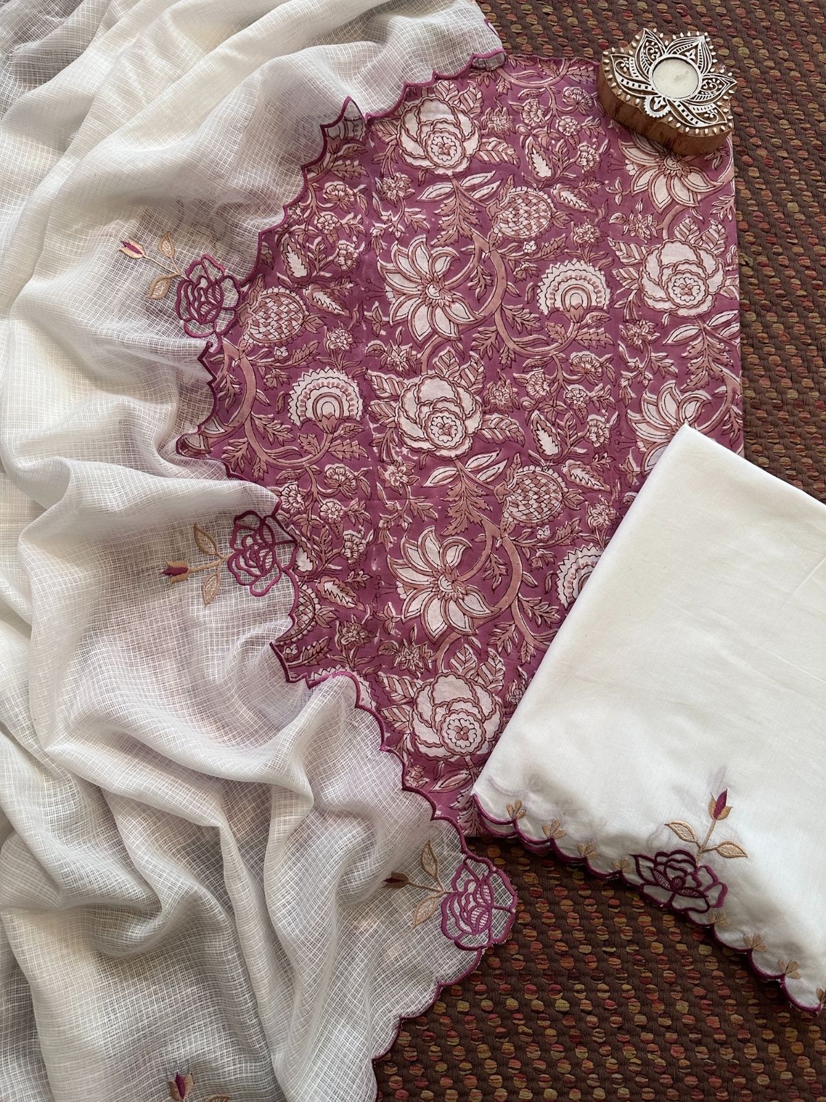 Pure Cotton Hand-block Fabric with Embroidered Bottom & Kota Doria Dupatta