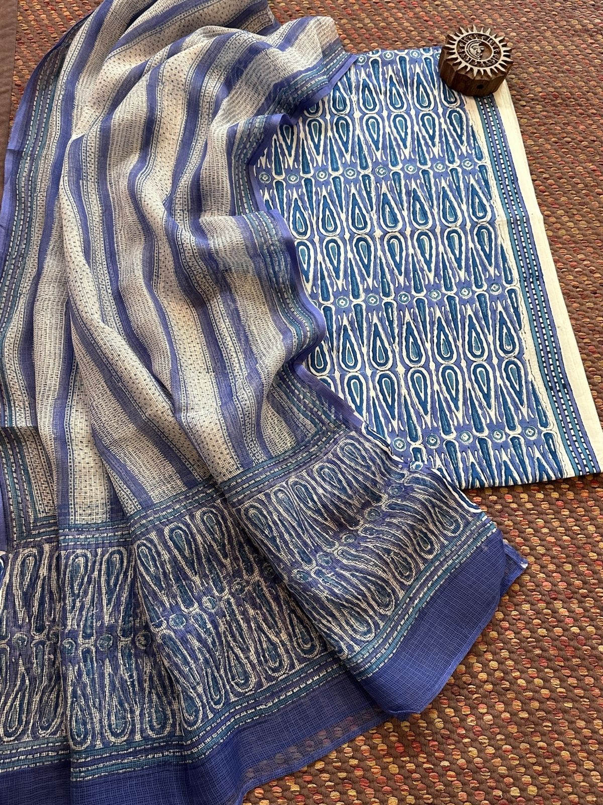 Pure Handblcoked Cotton Unstitched Set with Handblocked Kota Dupatta