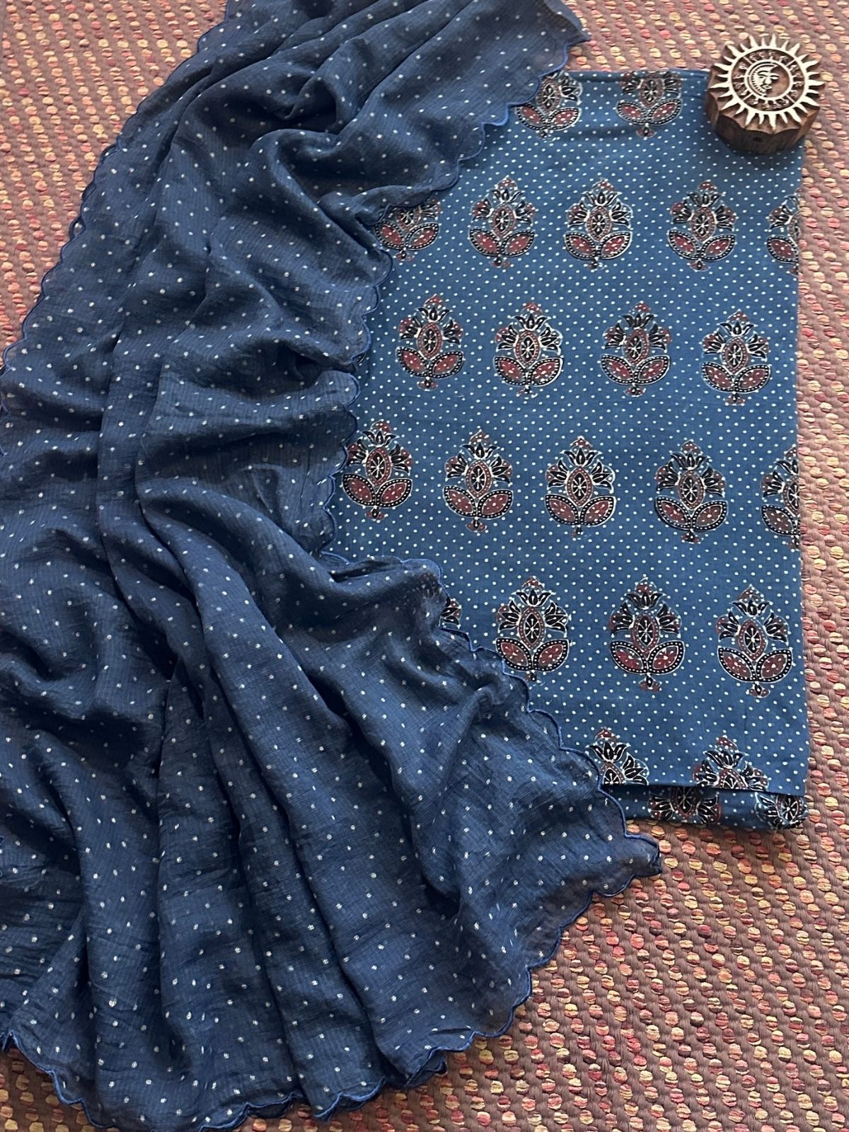 Ajrakh Cotton Malmal Handblocked Set- Top & Dupatta