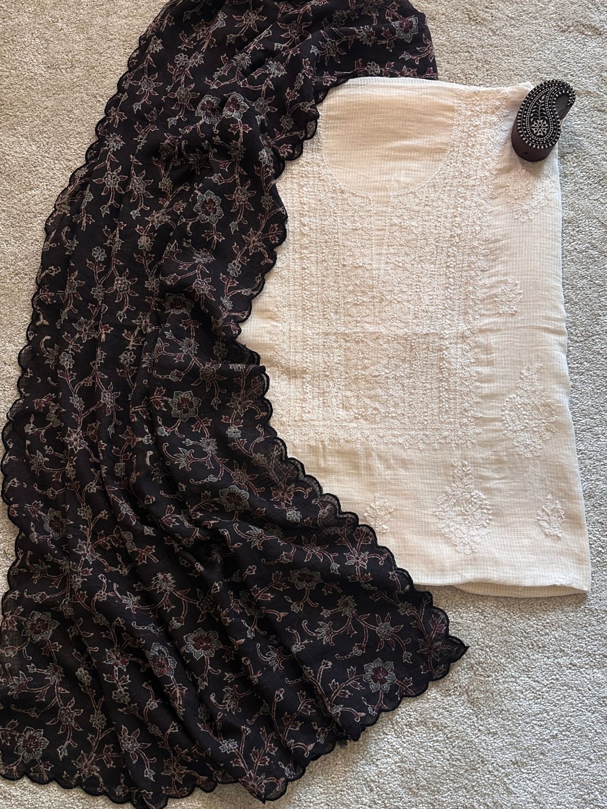 Chikankari Hand Embroidered Fabric with Ajrak Hadblocked Kota Dupatta