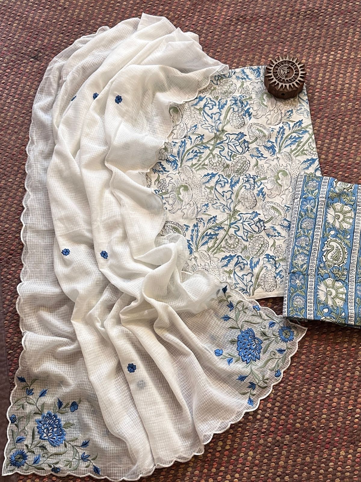 Pure Cotton Handblock Fabric with Embroidered Dupatta