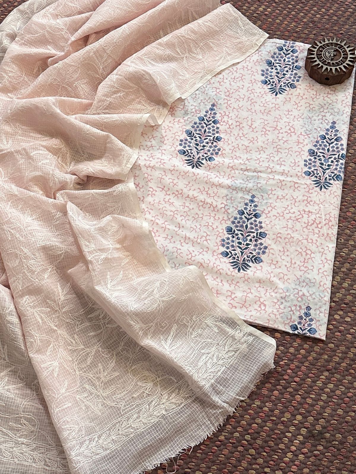 Pure Cotton Hand Blocked Fabric with Chikankari Dupatta